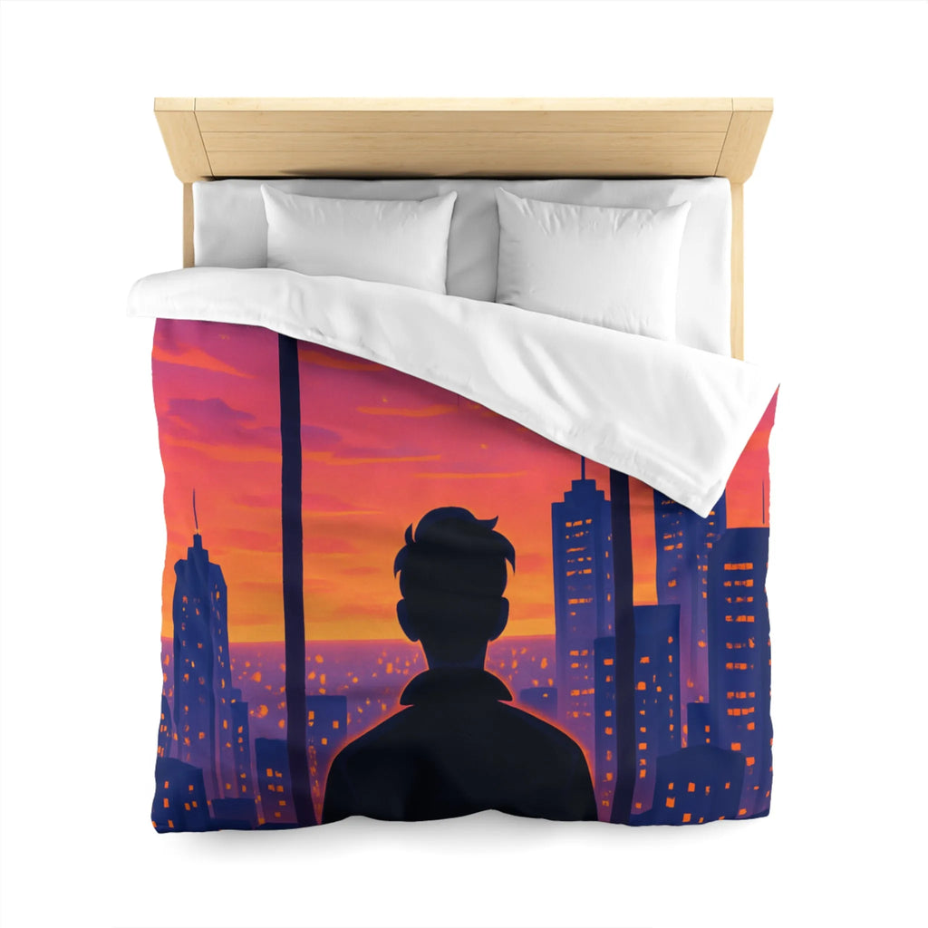 Housse de Couette Colorée avec Silhouette de Personne Devant Ville au Crépuscule