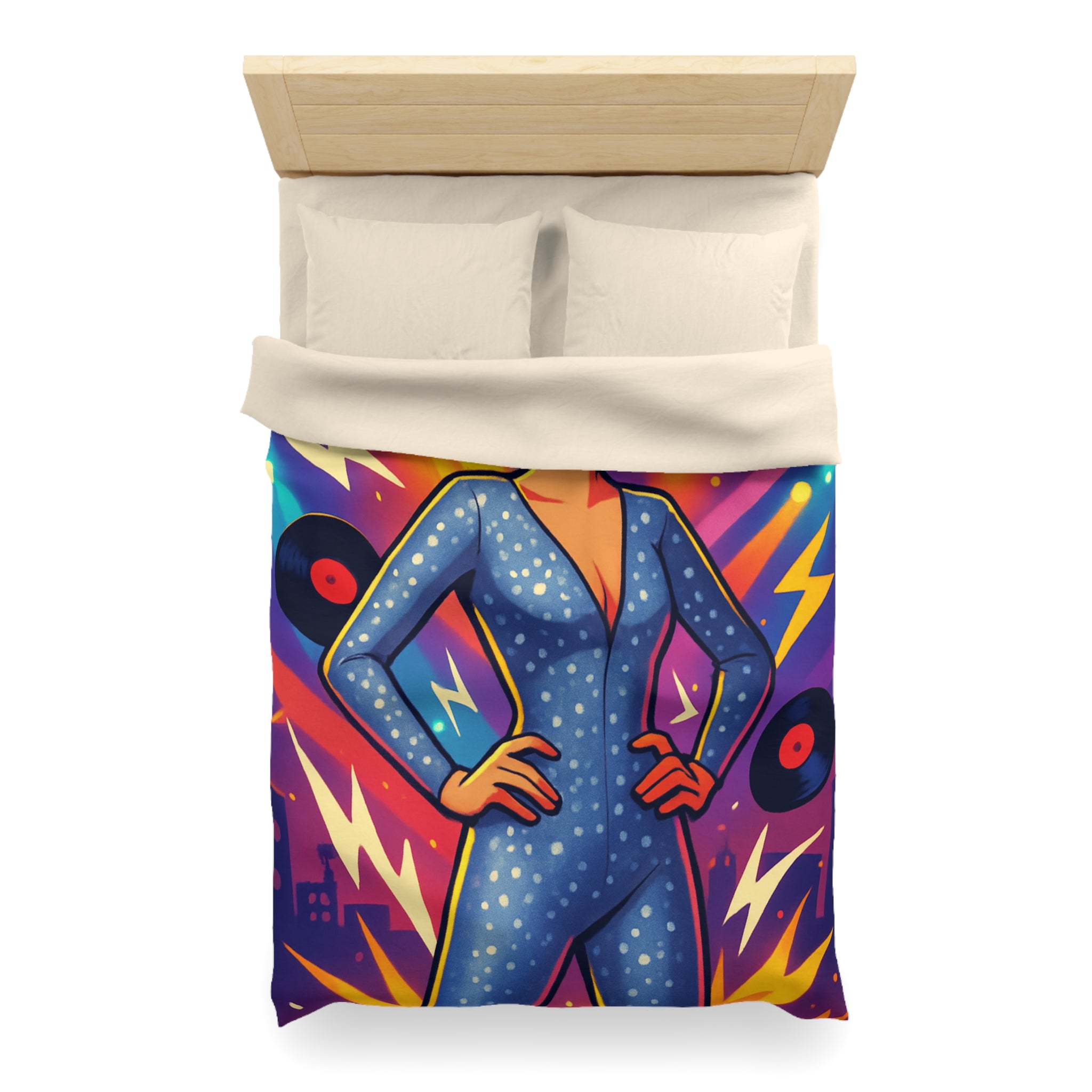 Housse de Couette Thématique Musique Vintage avec Femme dans Combinaison Étoilée Scintillante