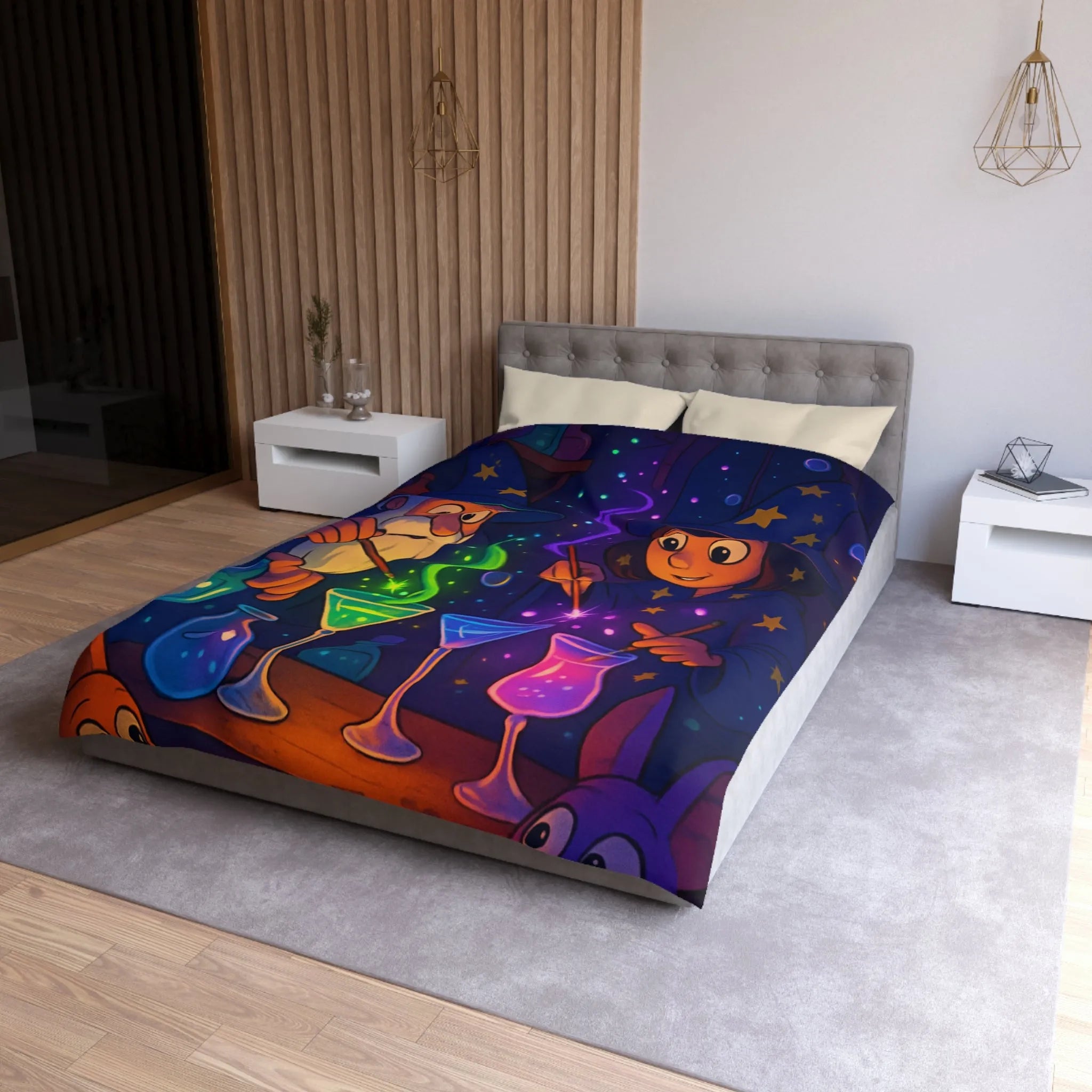 Housse de couette magique avec sorciers et potions dans un atelier enchanteur