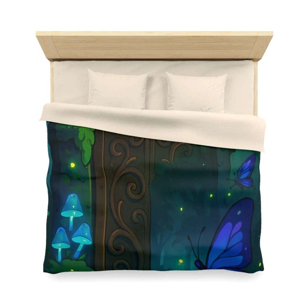 Housse de couette magique bleu papillons et porte en bois mystérieuse forêt enchantée