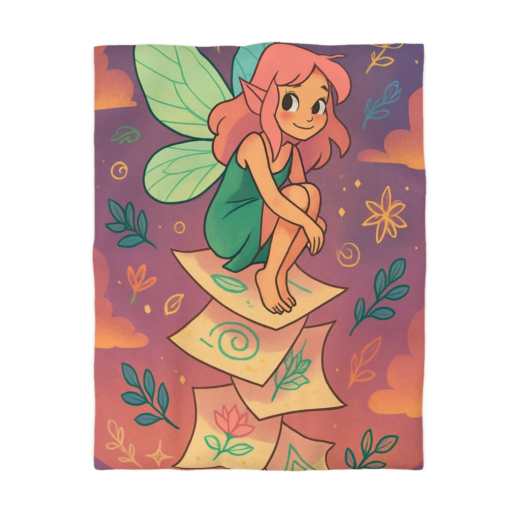 Housse de couette féerique avec fée aux ailes vertes et motifs floraux enchanteurs