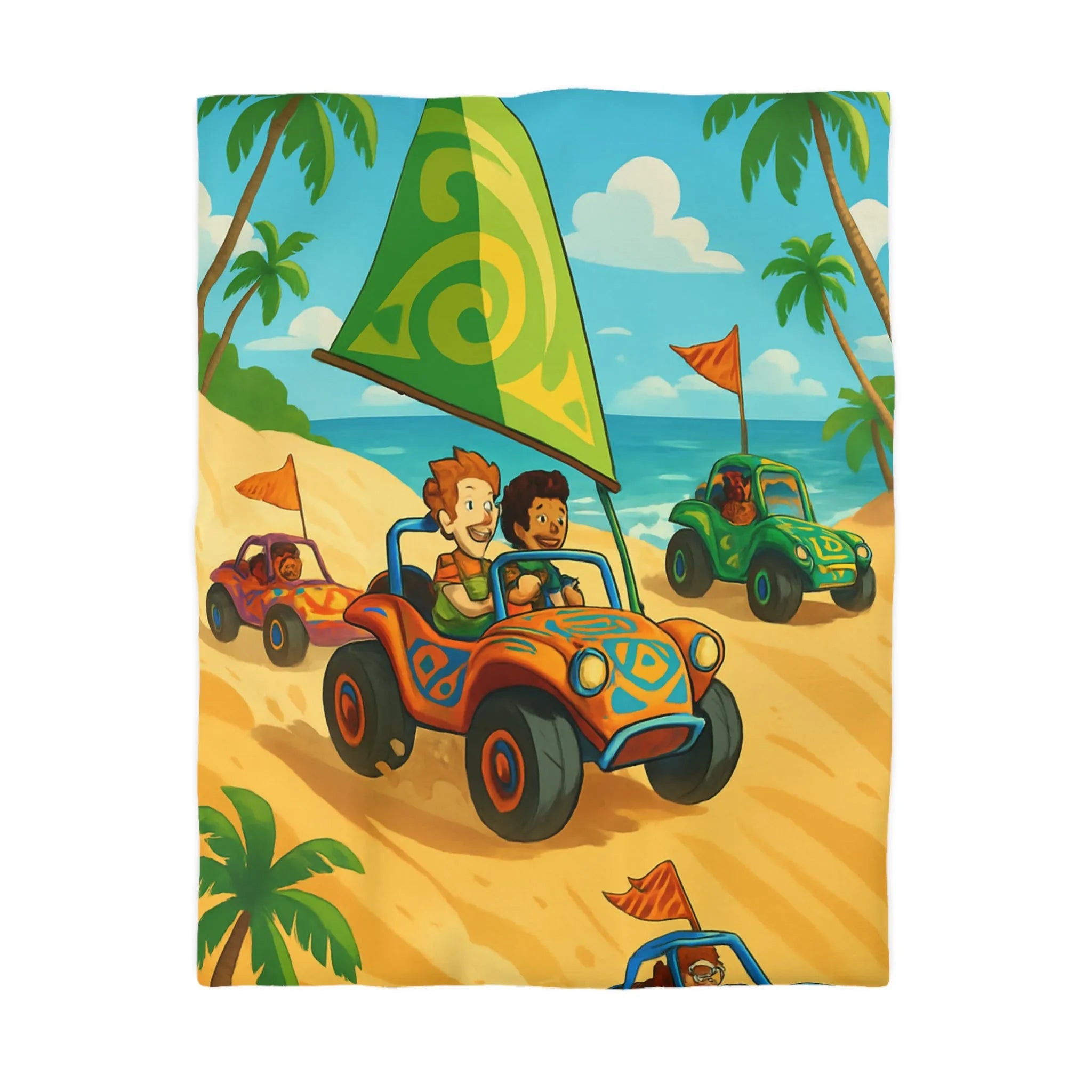 Housse de couette colorée avec motif voitures de plage et palmiers tropicaux