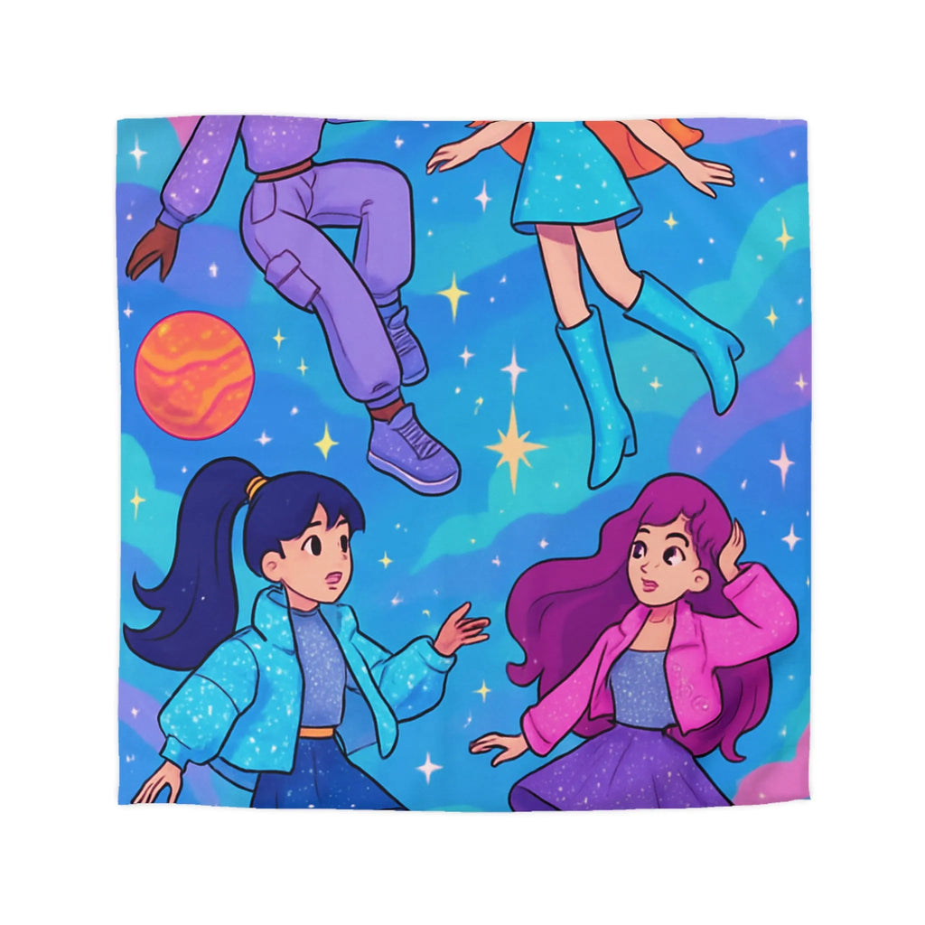 Housse de couette colorée avec filles dans l'espace et étoiles scintillantes joyeuses