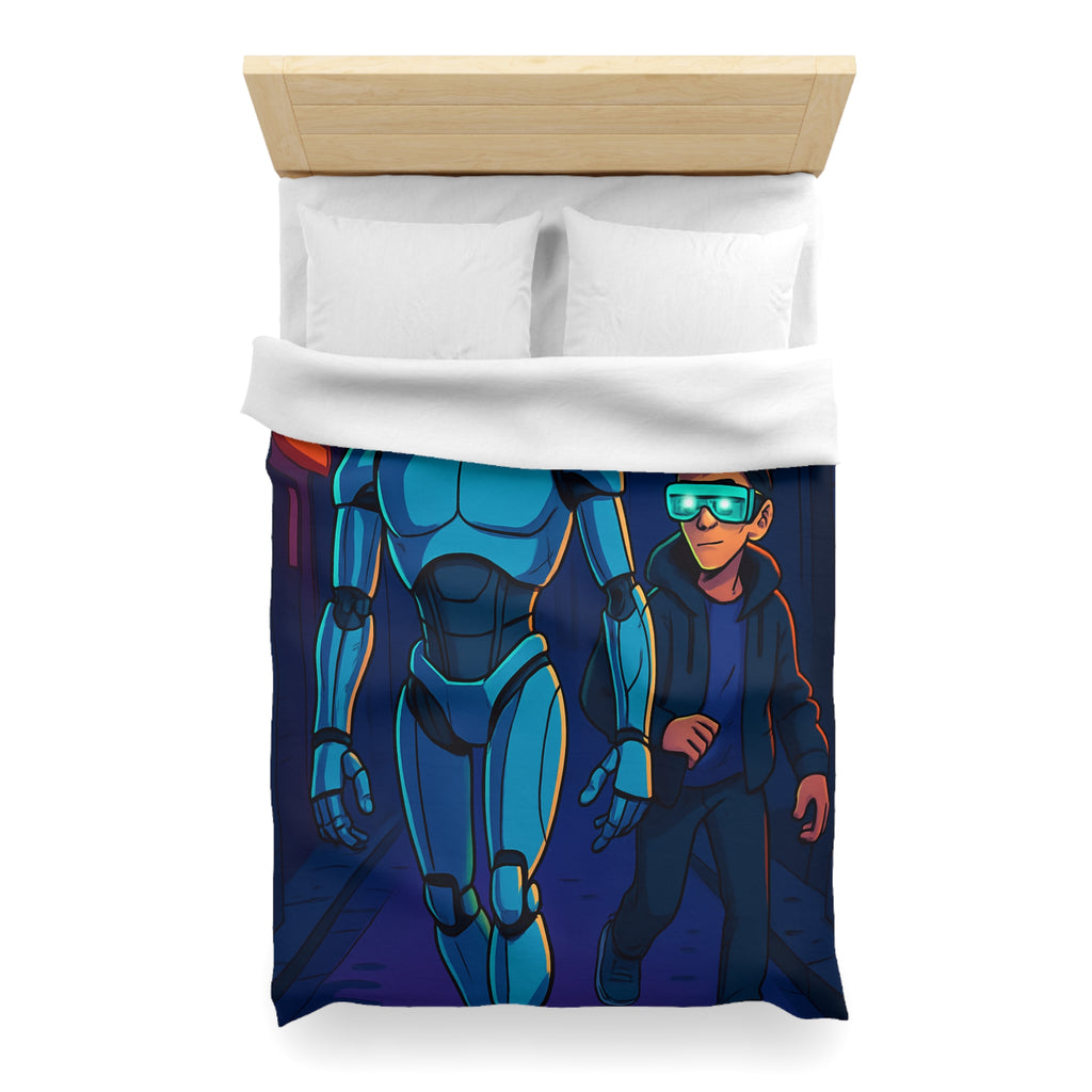 Housse de couette moderne avec illustration néon de robot et jeune avec lunettes lumineuses