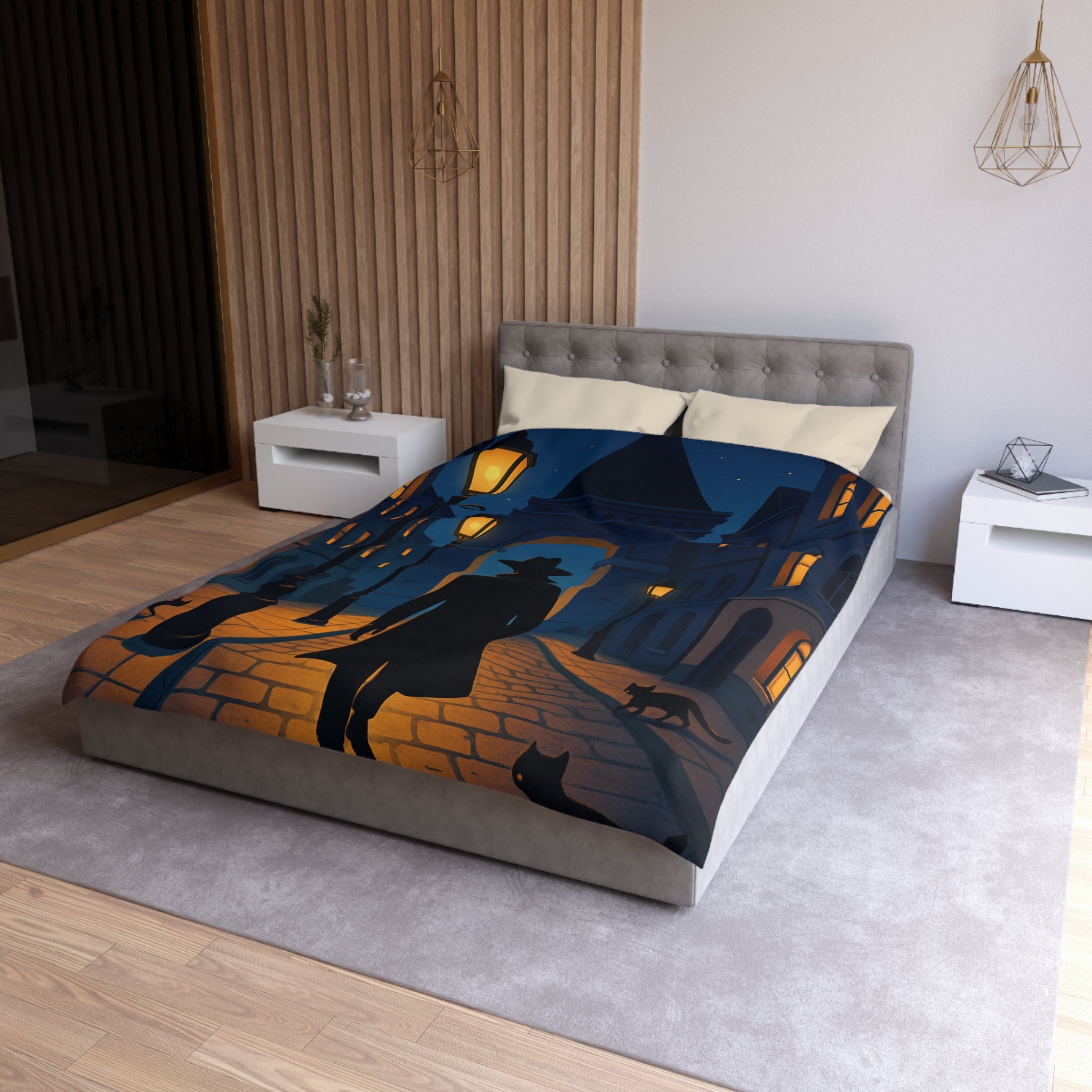 Housse de couette noire mystérieuse, silhouette d'homme avec chats et lampadaires nocturnes