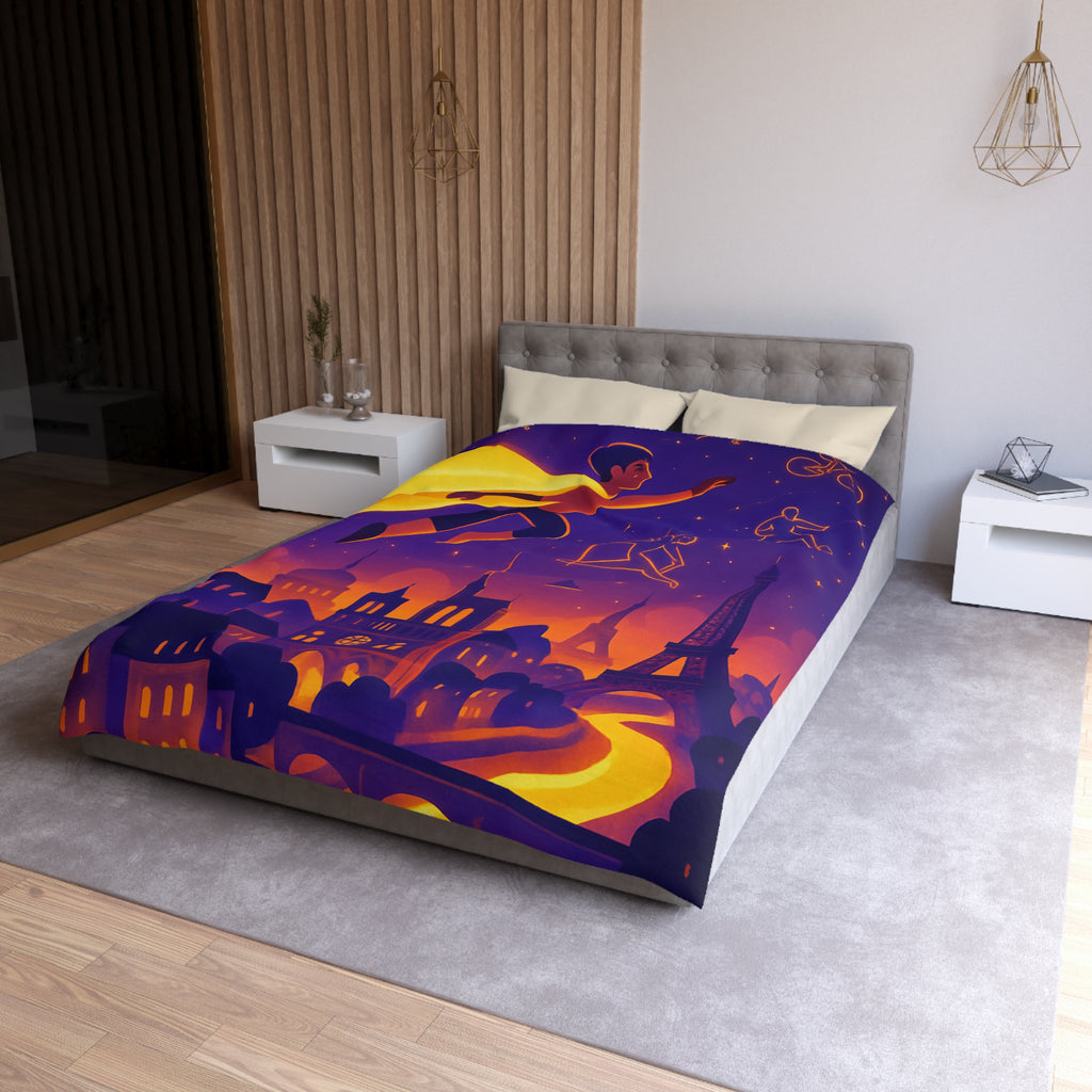Housse de couette rêve parisien avec super-héros et constellations sportives lumineuses