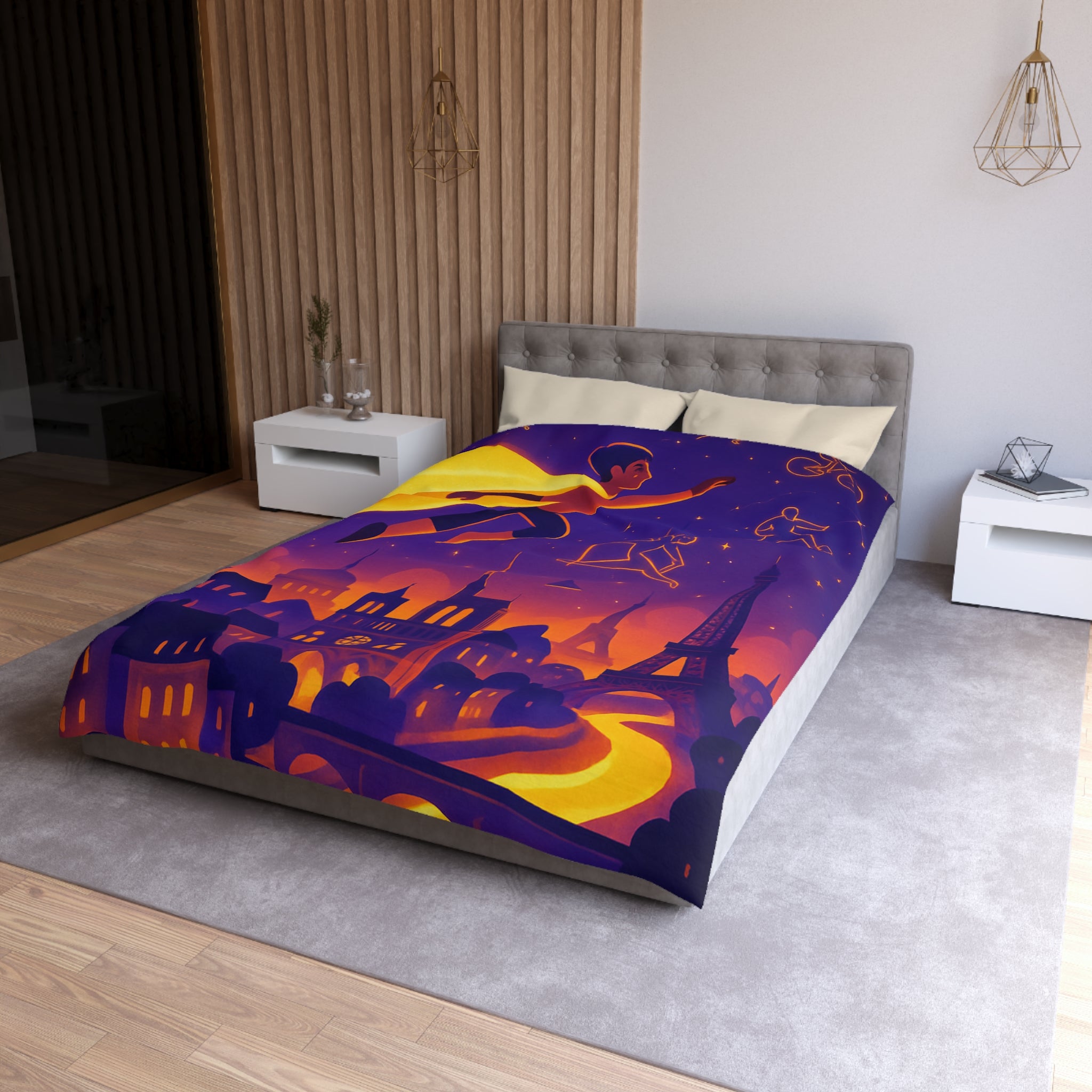 Housse de couette rêve parisien avec super-héros et constellations sportives lumineuses