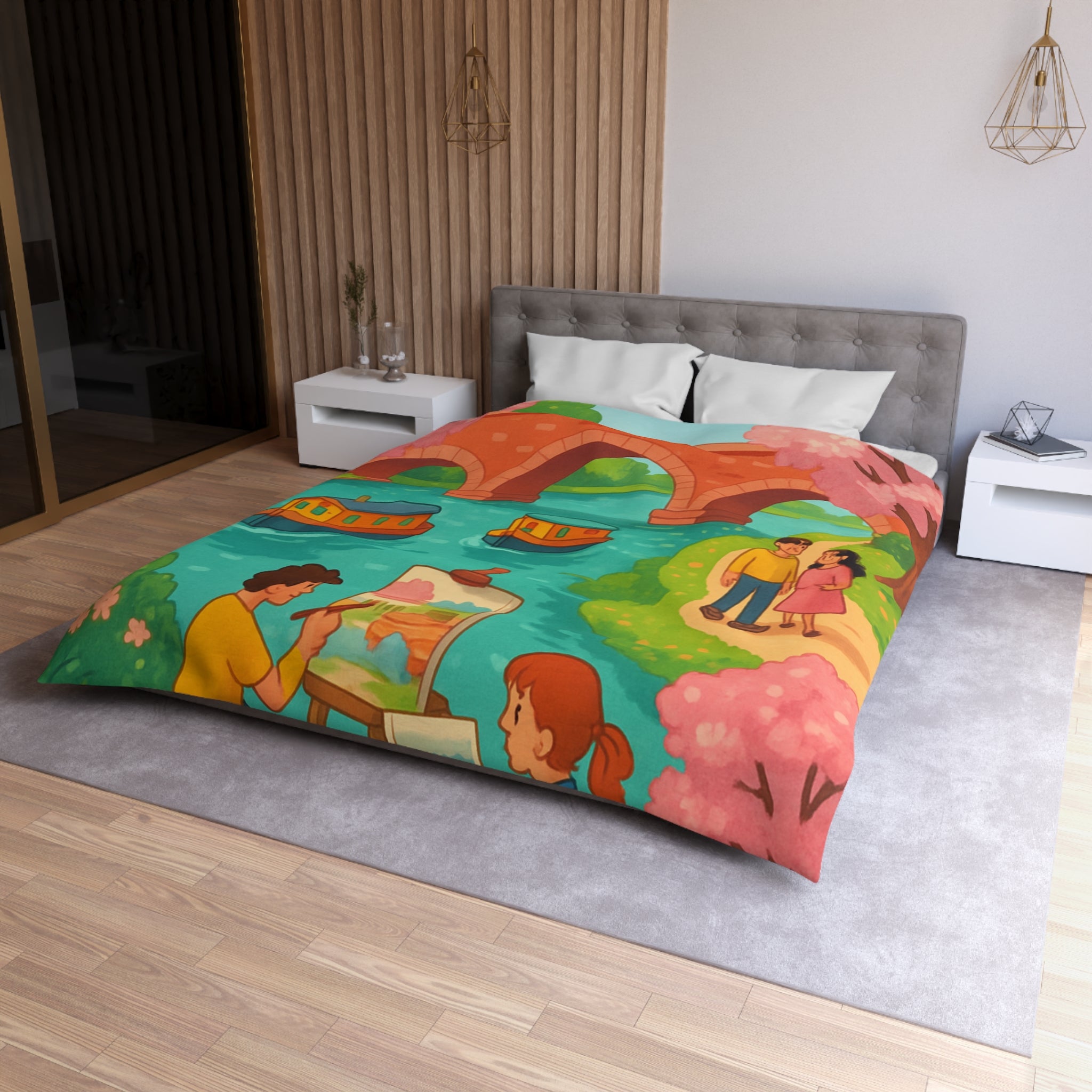 Housse de couette printemps campagne avec paysage pont, arbres en fleurs, artistes peignant