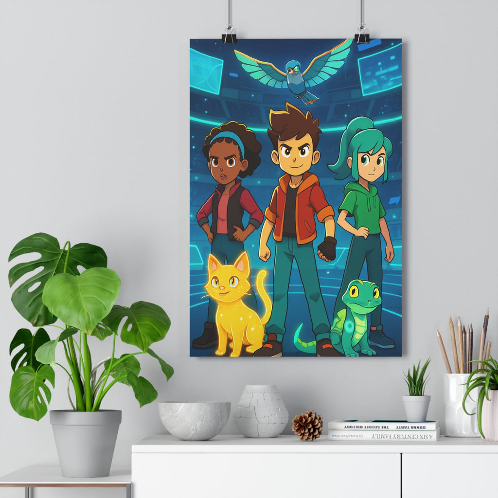 Poster décoratif anime bleu orange rétro aventure héros chambre enfant tendance créatif vibrant lumineux