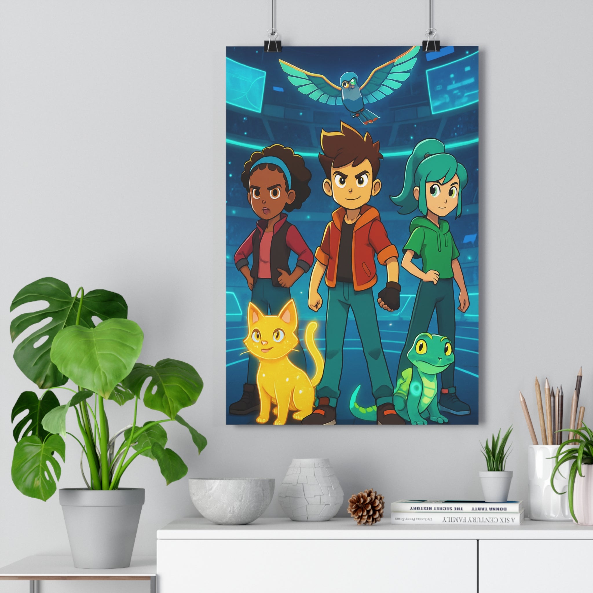 Poster décoratif anime bleu orange rétro aventure héros chambre enfant tendance créatif vibrant lumineux
