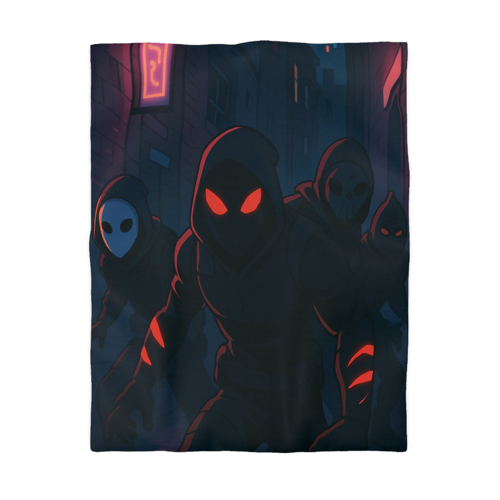 Housse de couette urbaine avec silhouettes mystérieuses et ambiance sombre néon