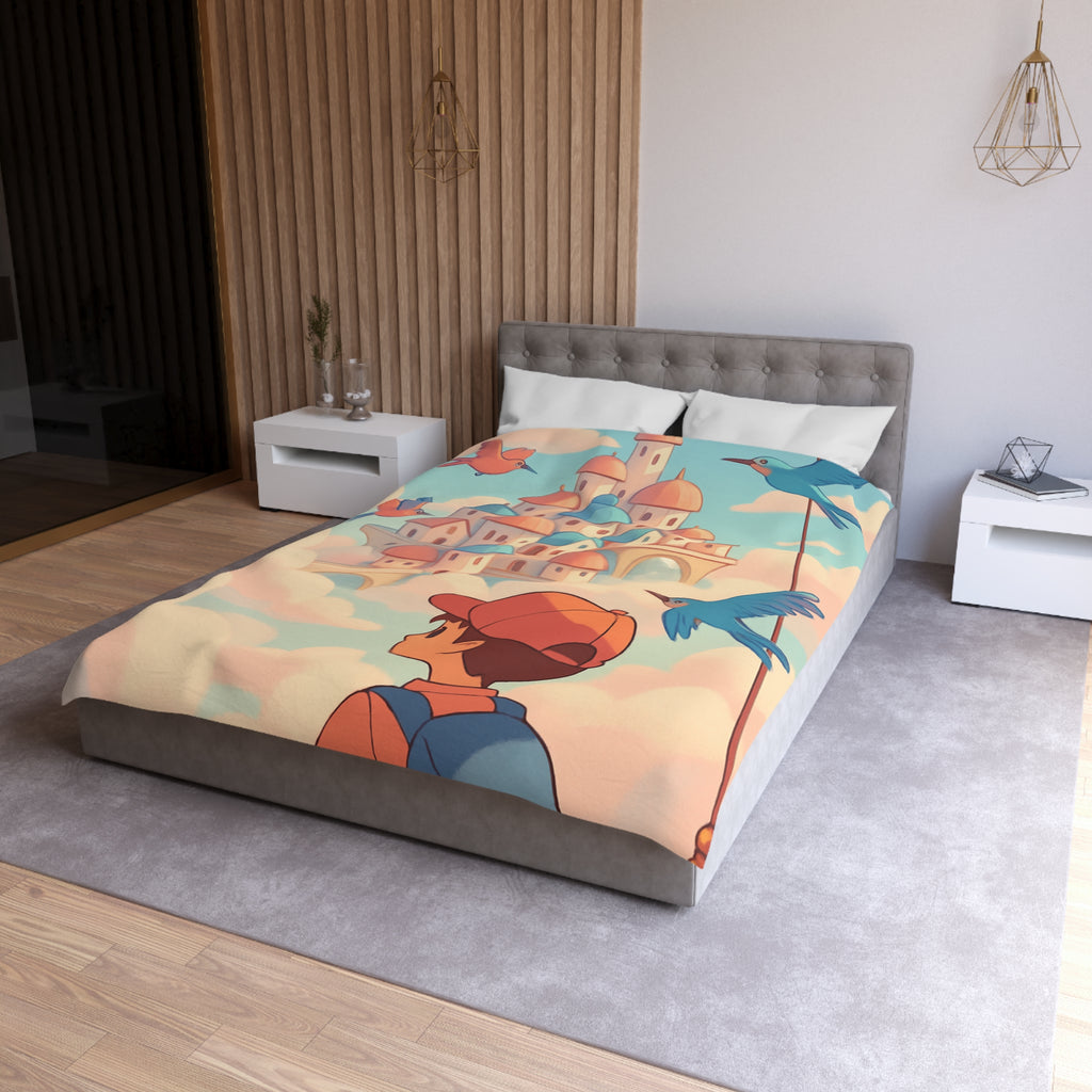 Housse de couette rêveuse avec enfant explorant un château céleste parmi les nuages