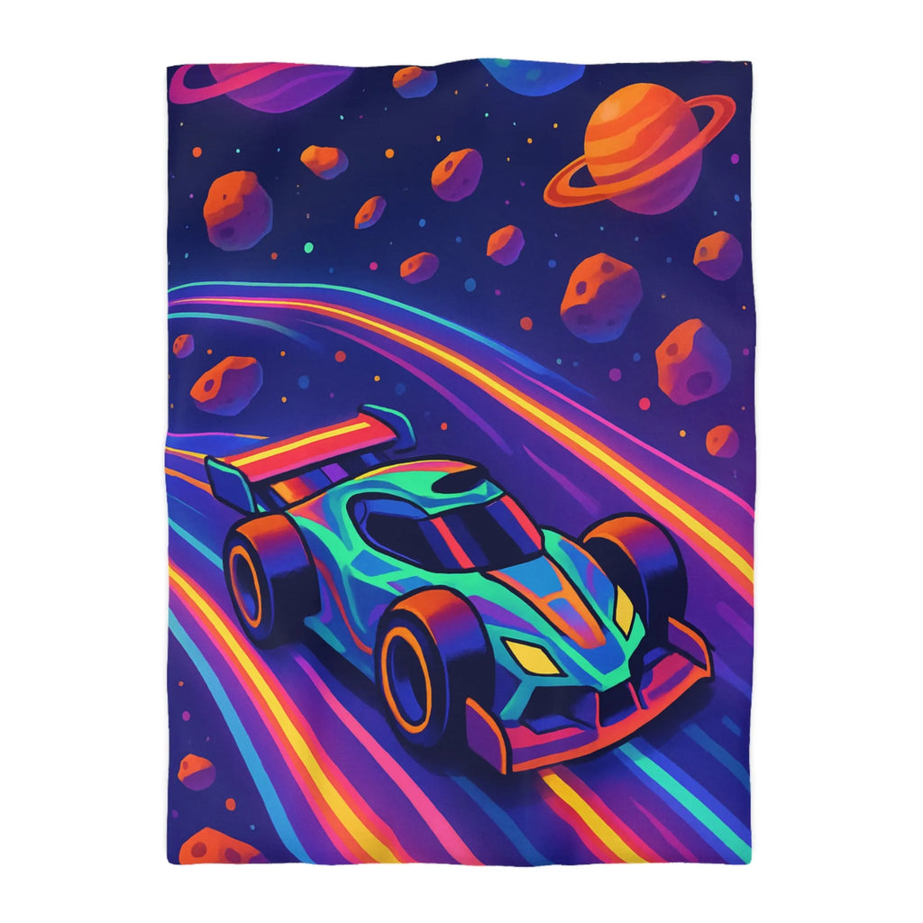 Éblouissante Housse de Couette avec Voiture Néon Galactique et Planètes Colorées