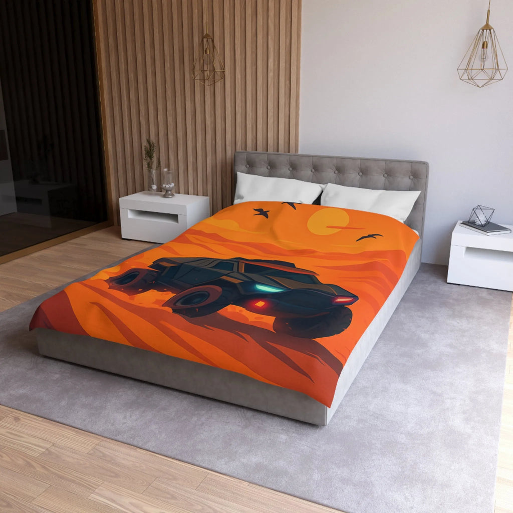 Housse de couette avec design de voiture tout-terrain dans désert orange au coucher du soleil