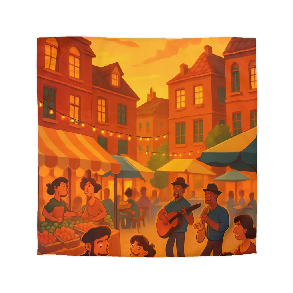 Housse de couette avec illustration de marché animé au coucher de soleil vibrant