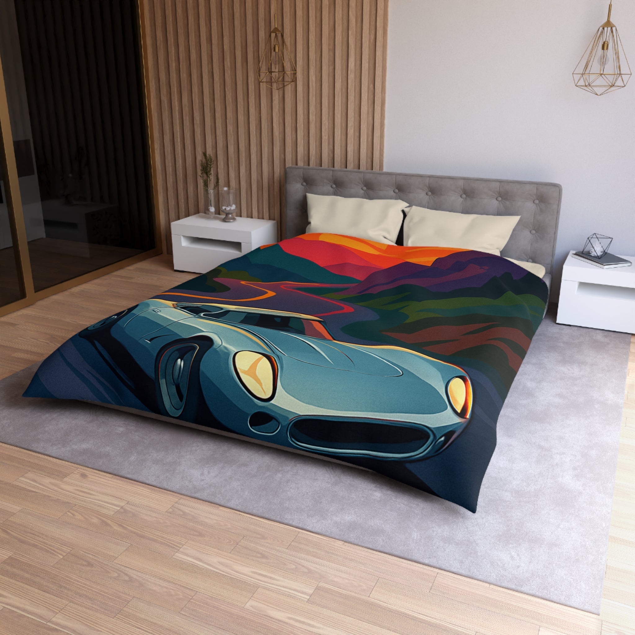 Housse de couette voiture sportive vintage sur route sinueuse au coucher de soleil vibrant