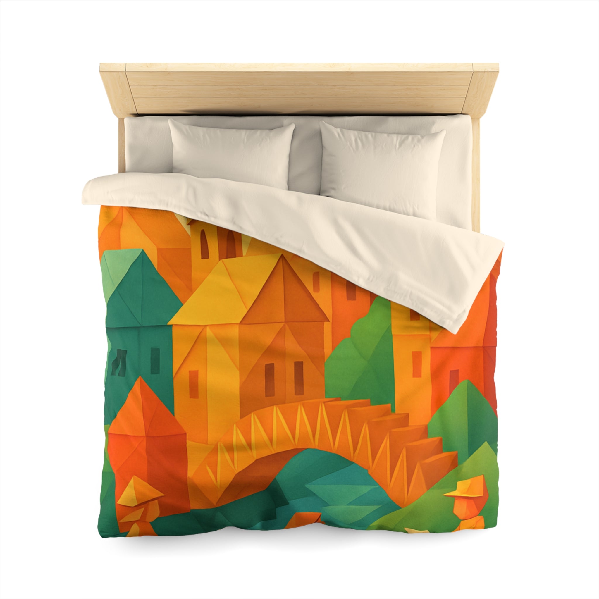 Housse de couette motif origami coloré avec paysage urbain et silhouettes humaines