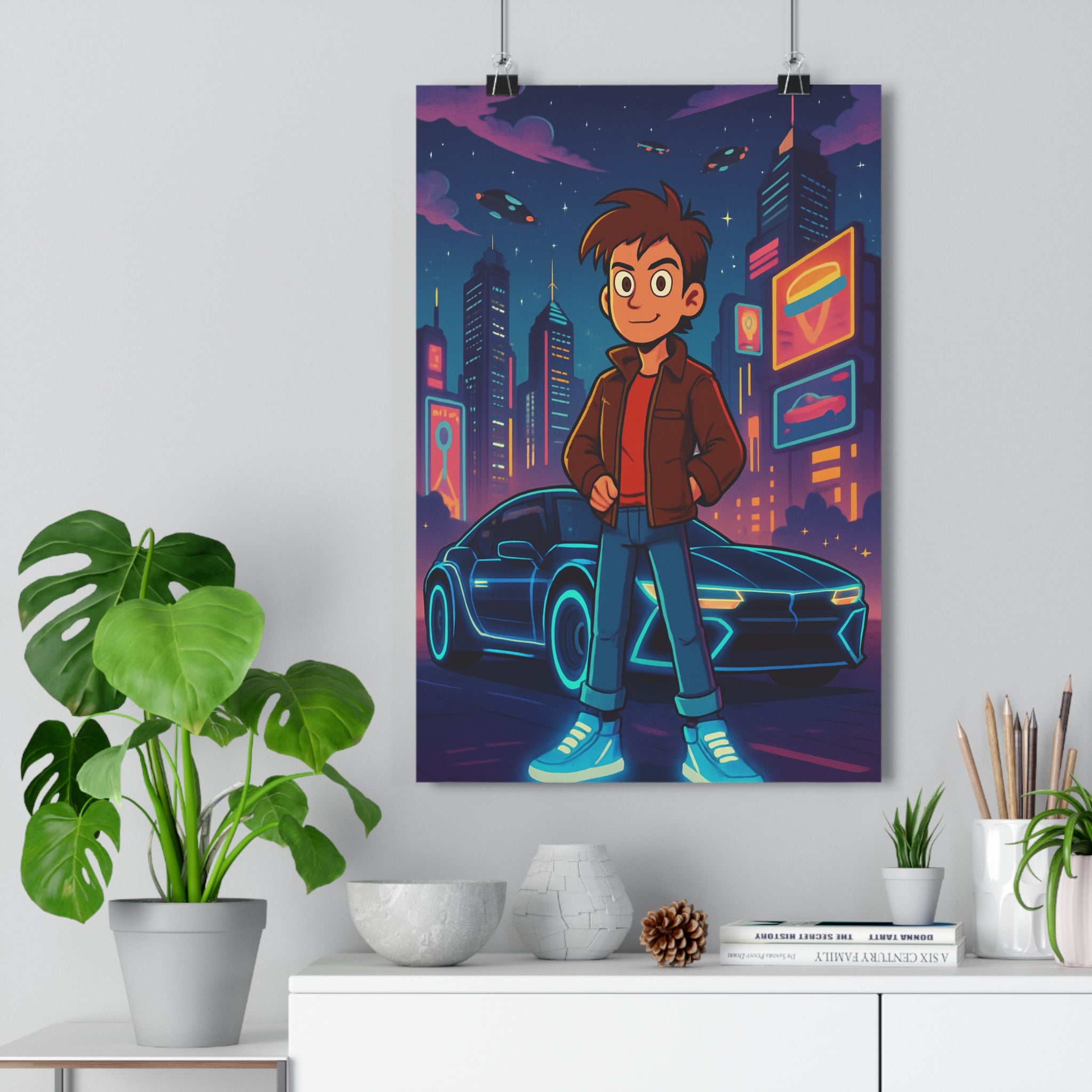 Poster décoratif futuriste néorétro bleu violet animé nostalgique dynamique chambre bureau style 30x46 cm