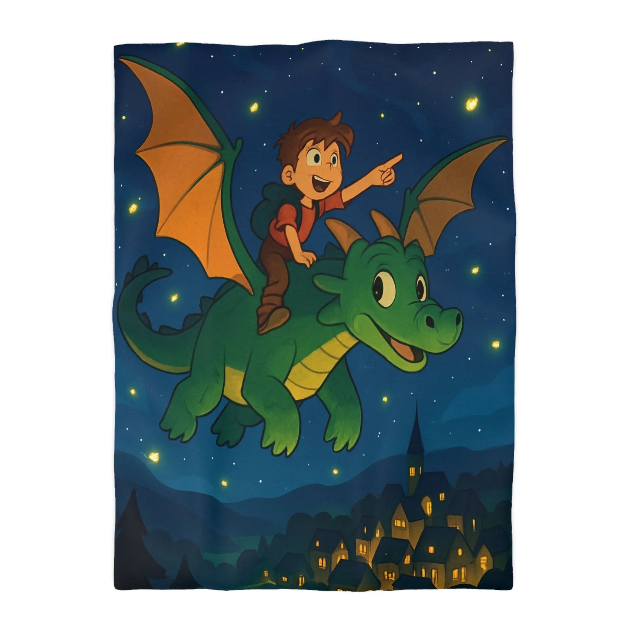 Housse de couette magique avec dragon et enfant volant dans un ciel étoilé