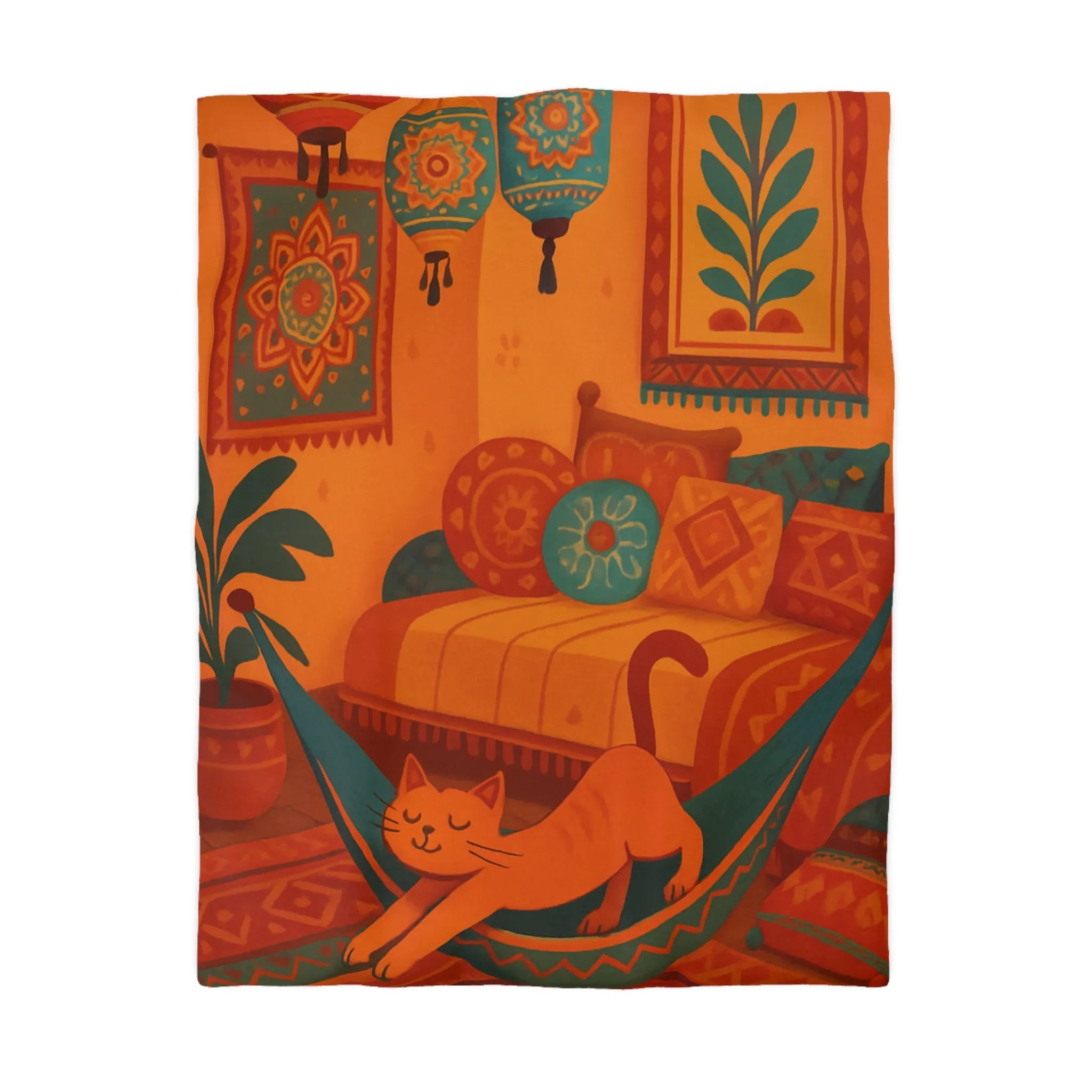 Housse de couette bohème avec motifs mandala et chat dans des tons chauds
