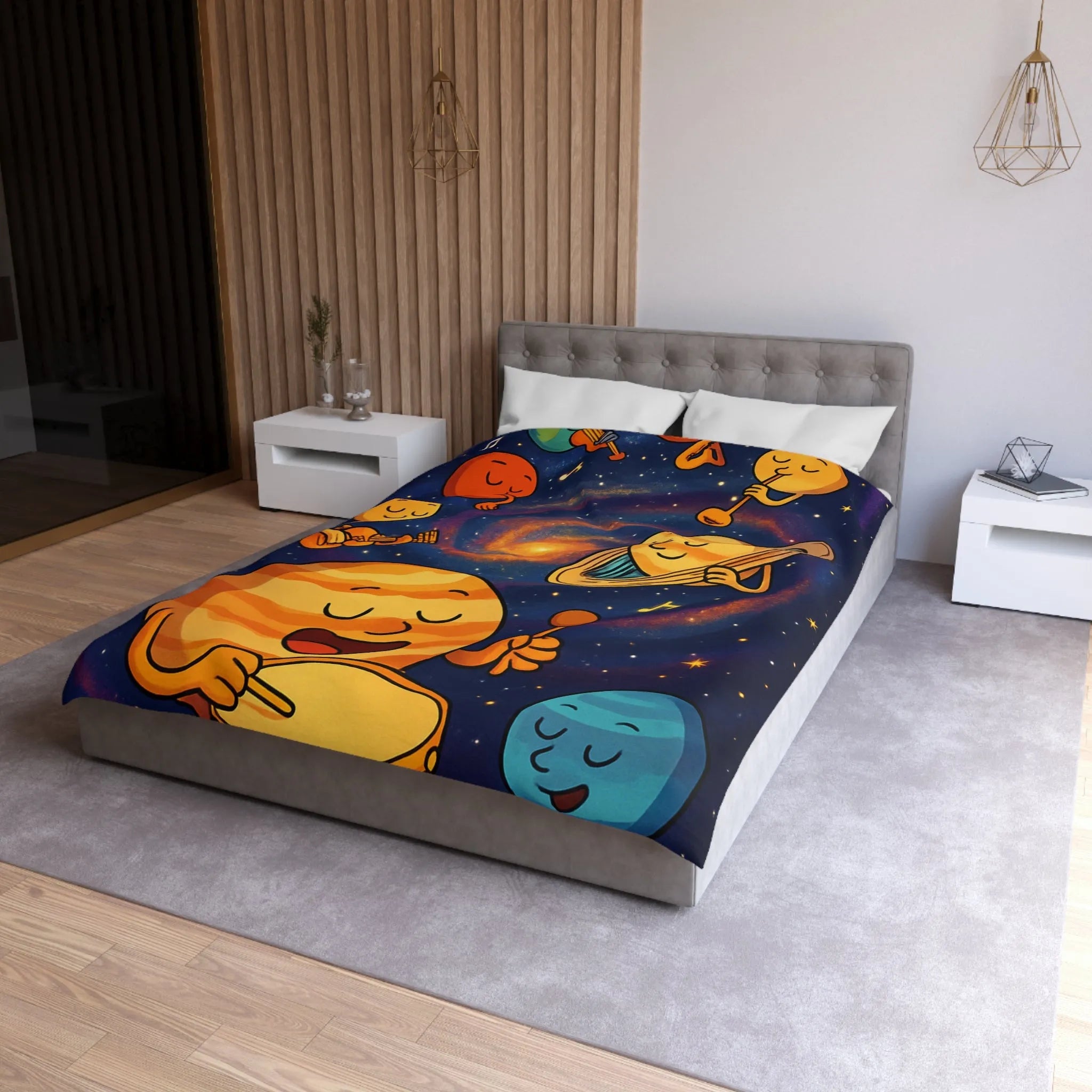 Ensemble joyeux de planètes musiciennes dans l'univers coloré pour housse de couette enfant