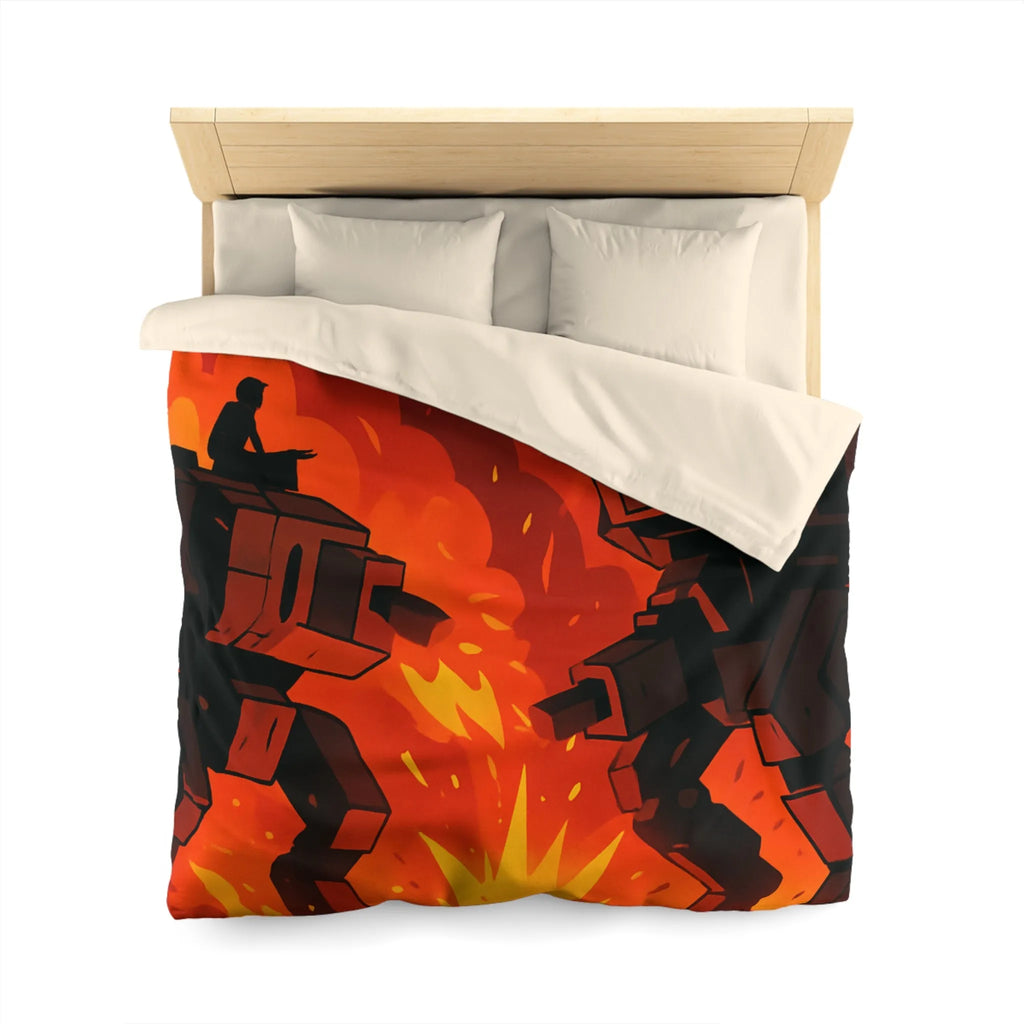 Housse de couette avec robots géants dans un duel épique sous ciel enflammé