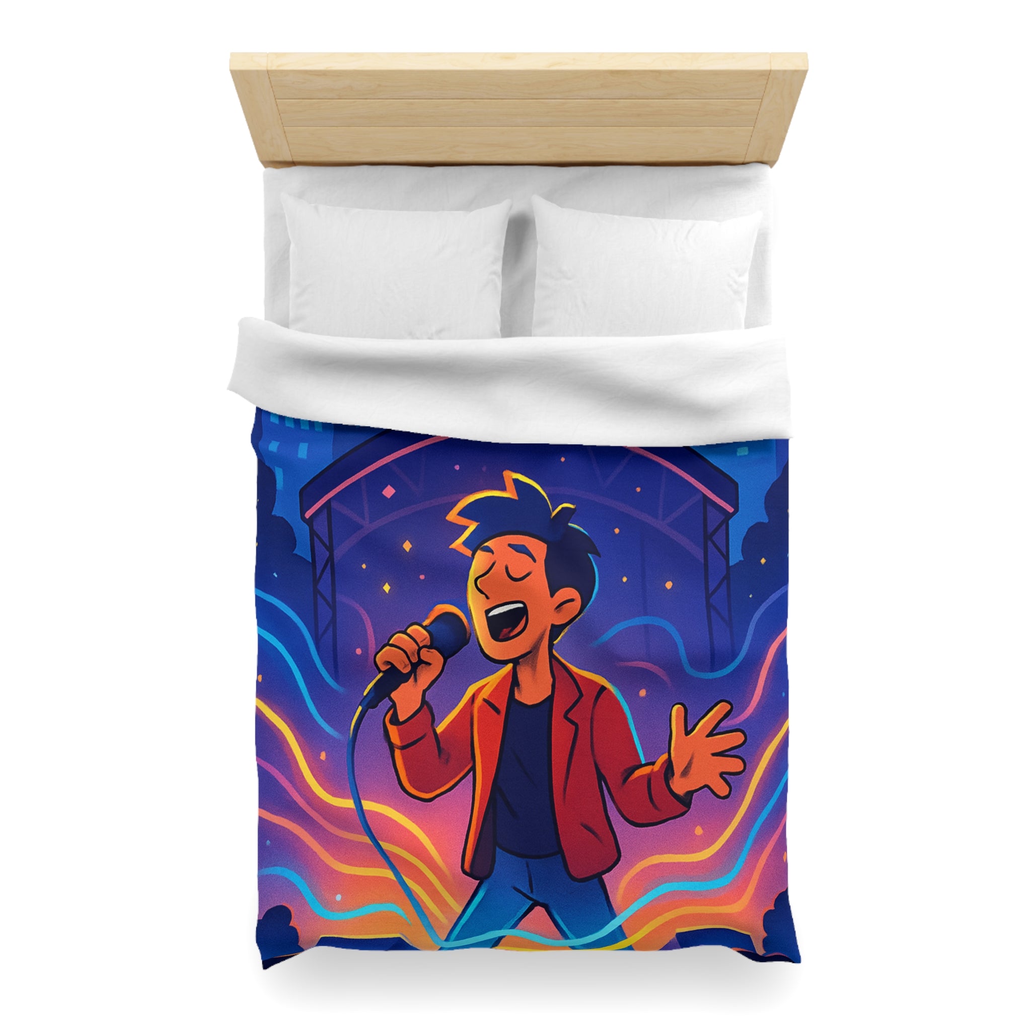 Housse de couette scène vibrante de concert nocturne avec chanteur et couleurs éclatantes