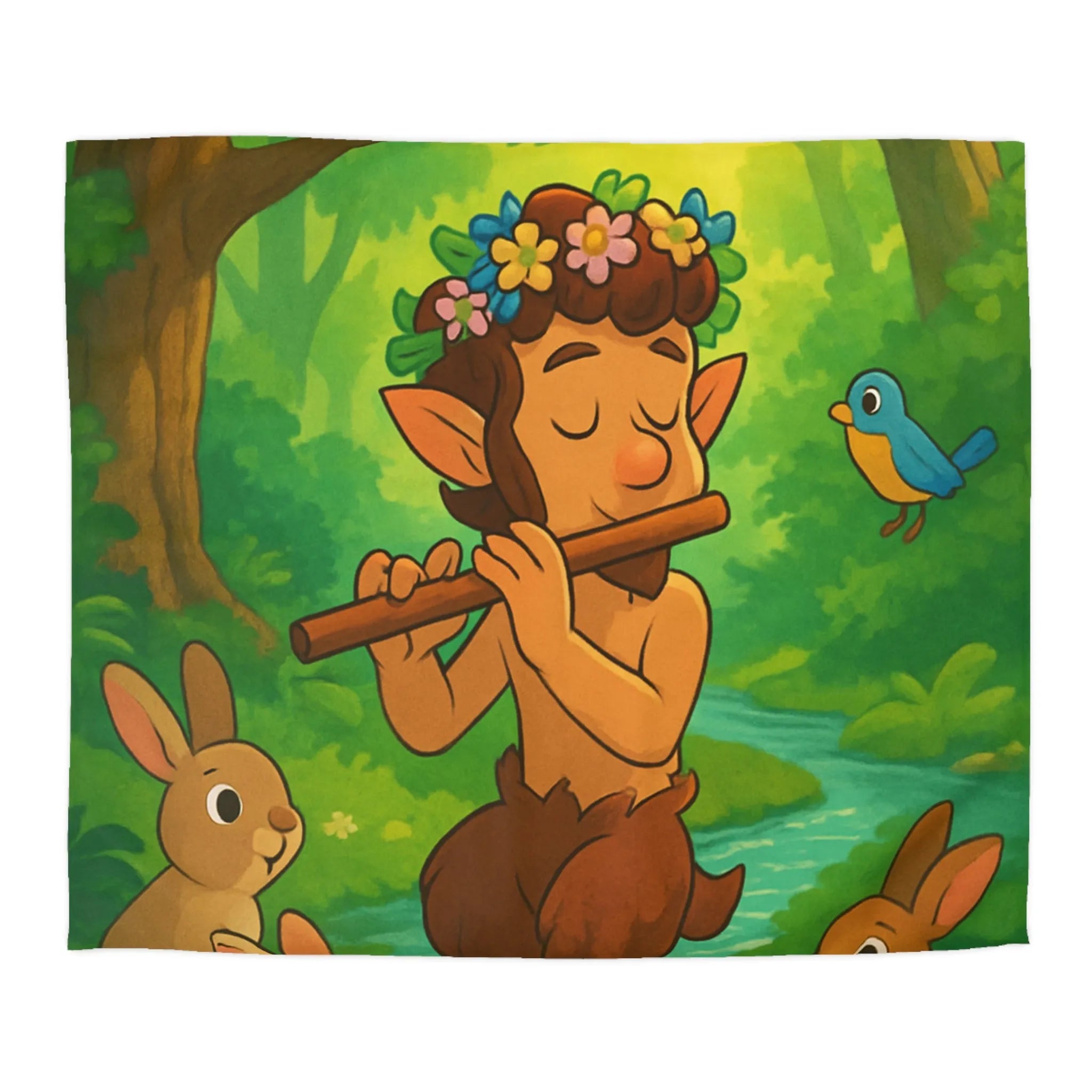 Housse de couette enchantée avec faune légendaire jouant de la flûte au milieu des bois