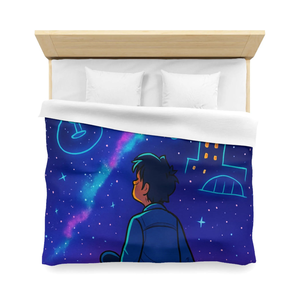 Housse de couette ciel étoilé avec rêveur contemplant silhouettes de musique et ville