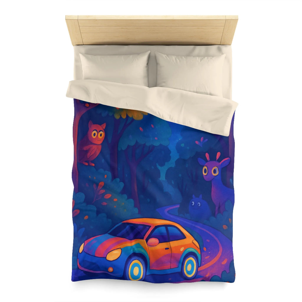 Housse de couette forêt magique avec voiture et animaux, ambiance nocturne colorée fantastique