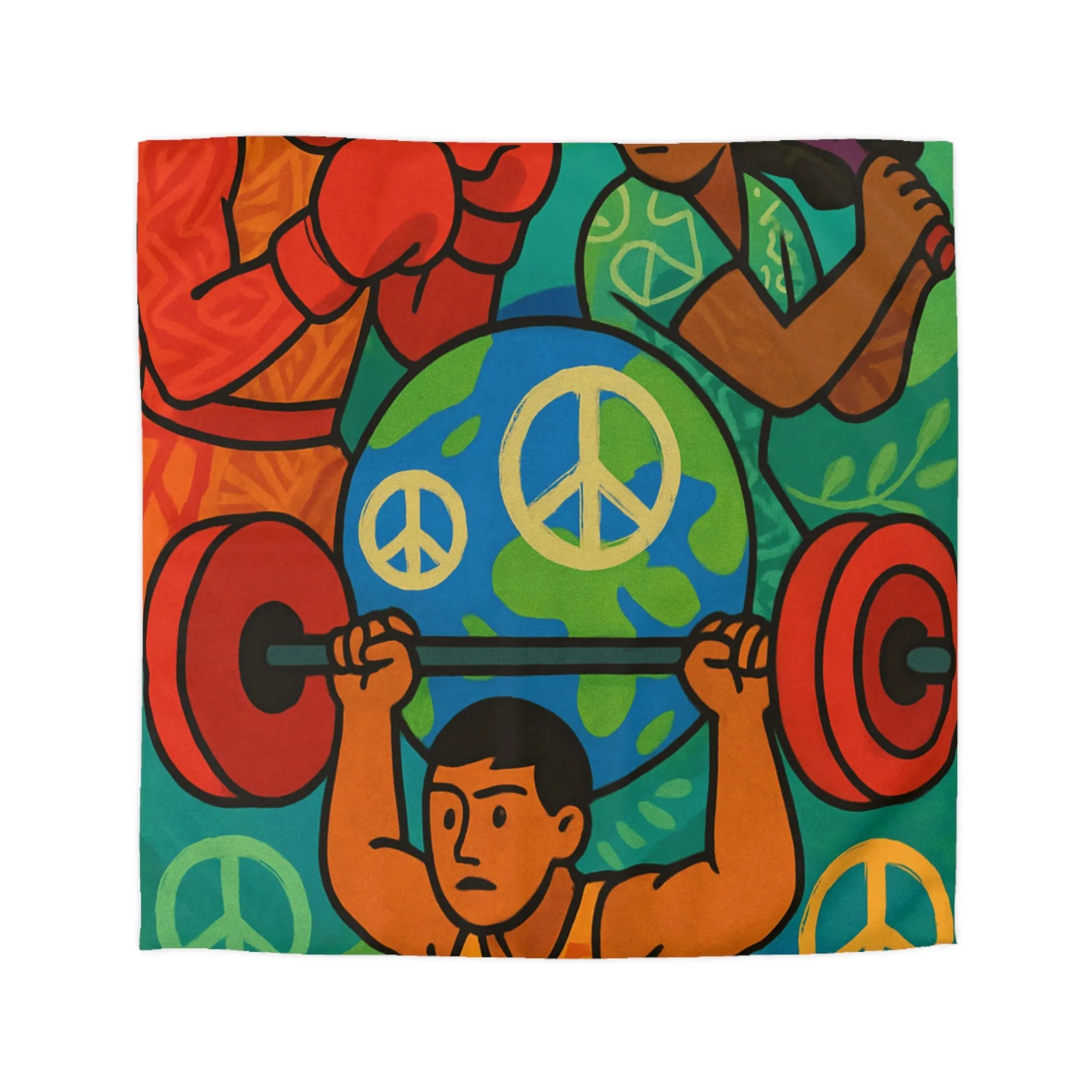 Housse de couette colorée avec athlètes et symboles de la paix, style artistique vibrant
