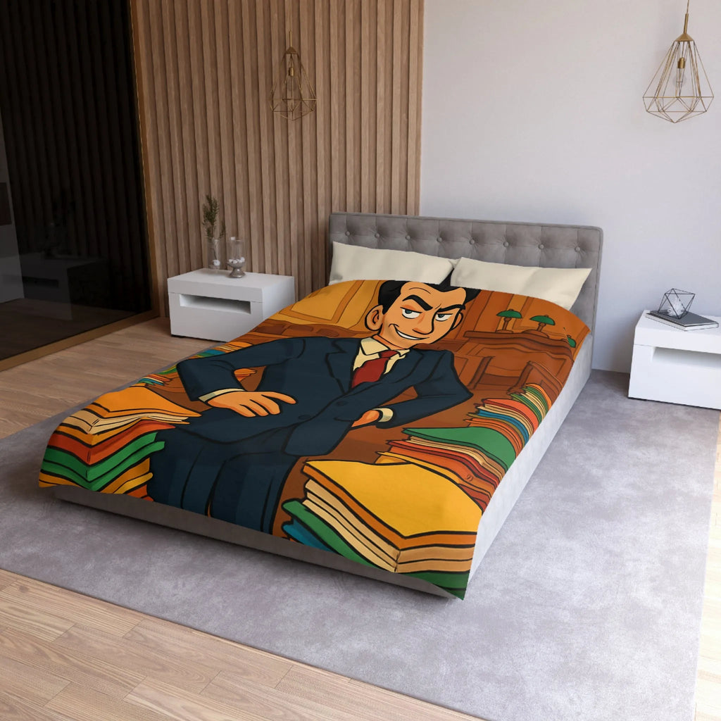 Élégante housse de couette rétro, piles de dossiers colorés, personnage confiant et distingué