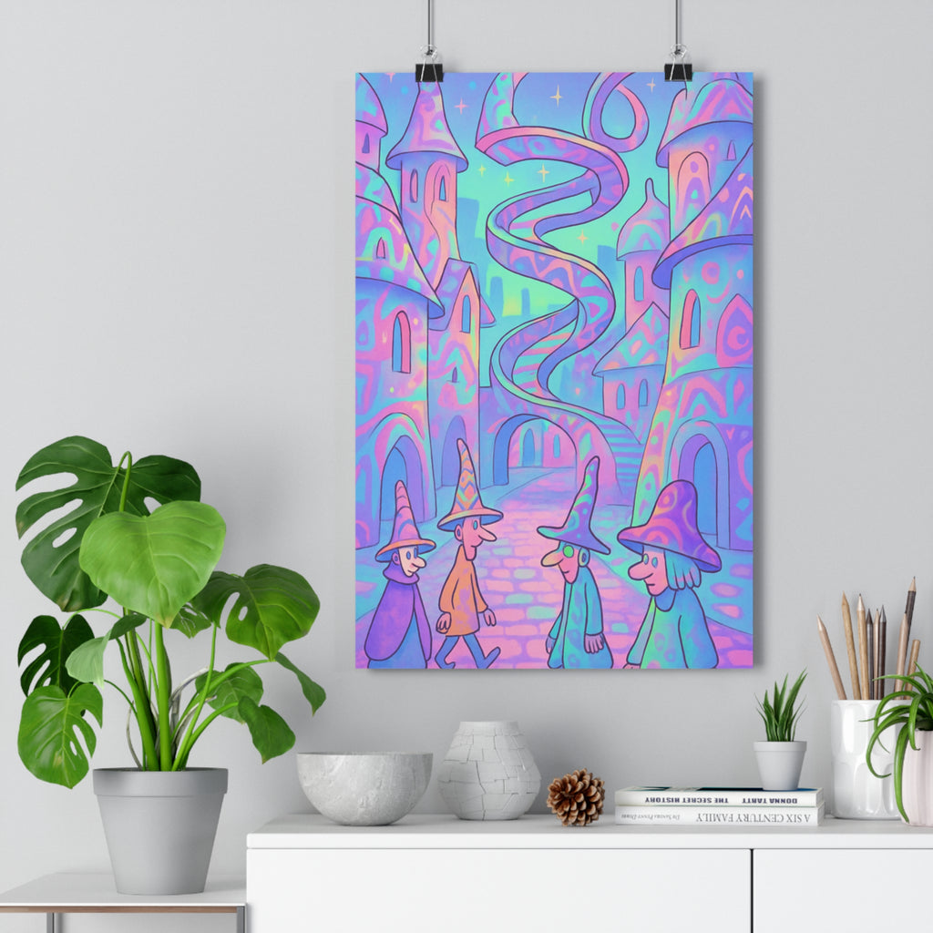 Poster décoratif cité rêve pastel magique surréaliste art chambre salon ambiance mystérieuse élégante qualité