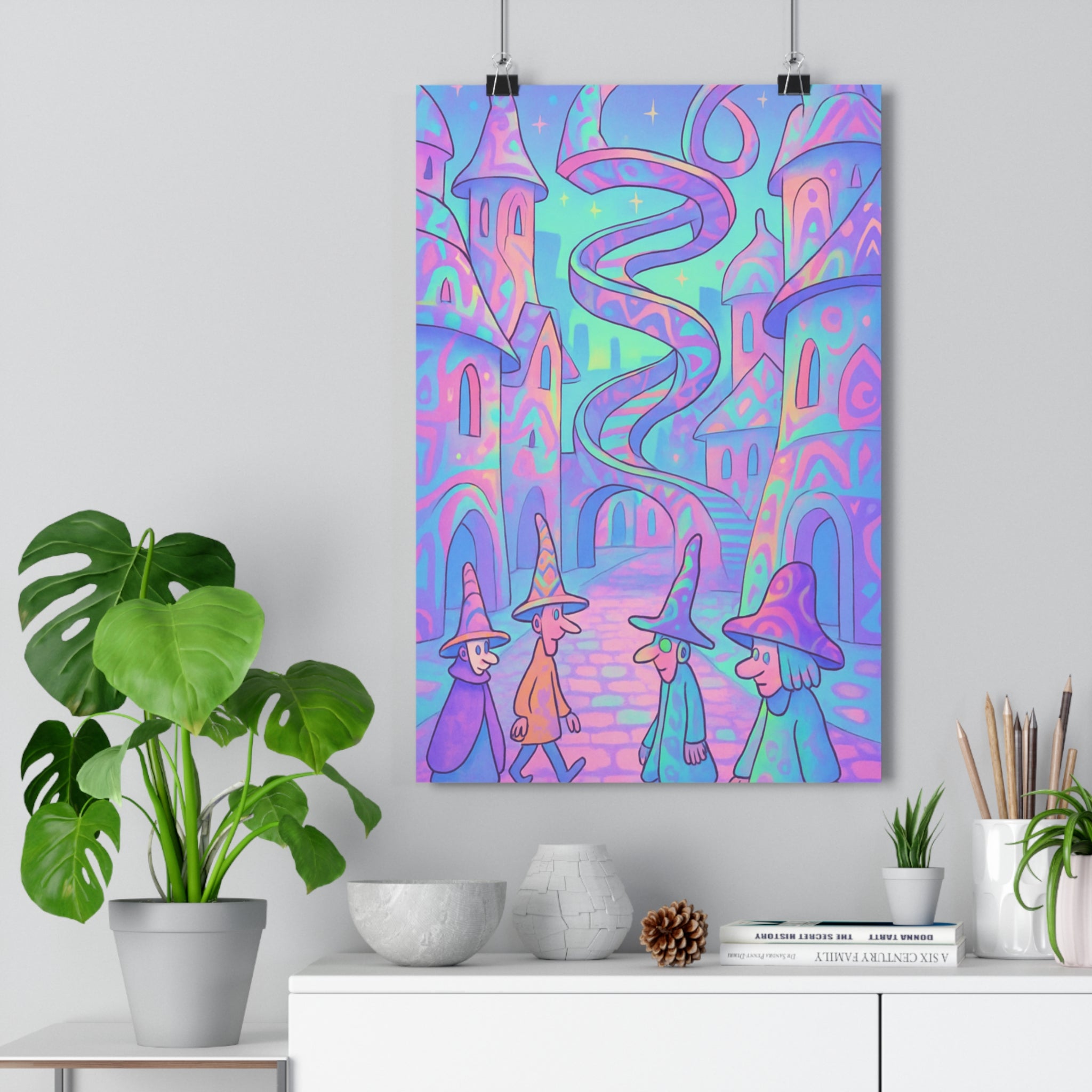 Poster décoratif cité rêve pastel magique surréaliste art chambre salon ambiance mystérieuse élégante qualité