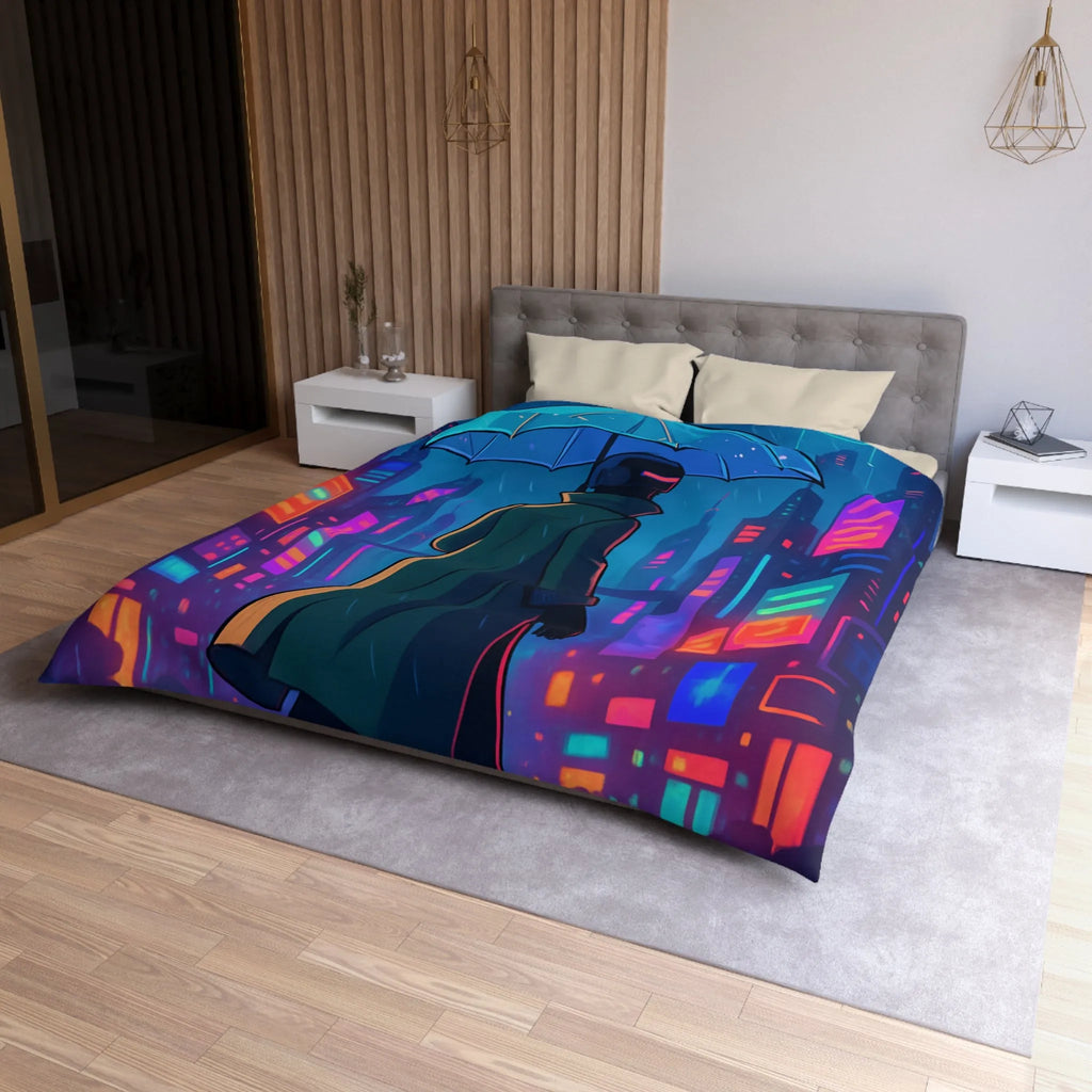 Housse de Couette Design Futuriste Ville Néon avec Parapluie et Pluie Nocturne