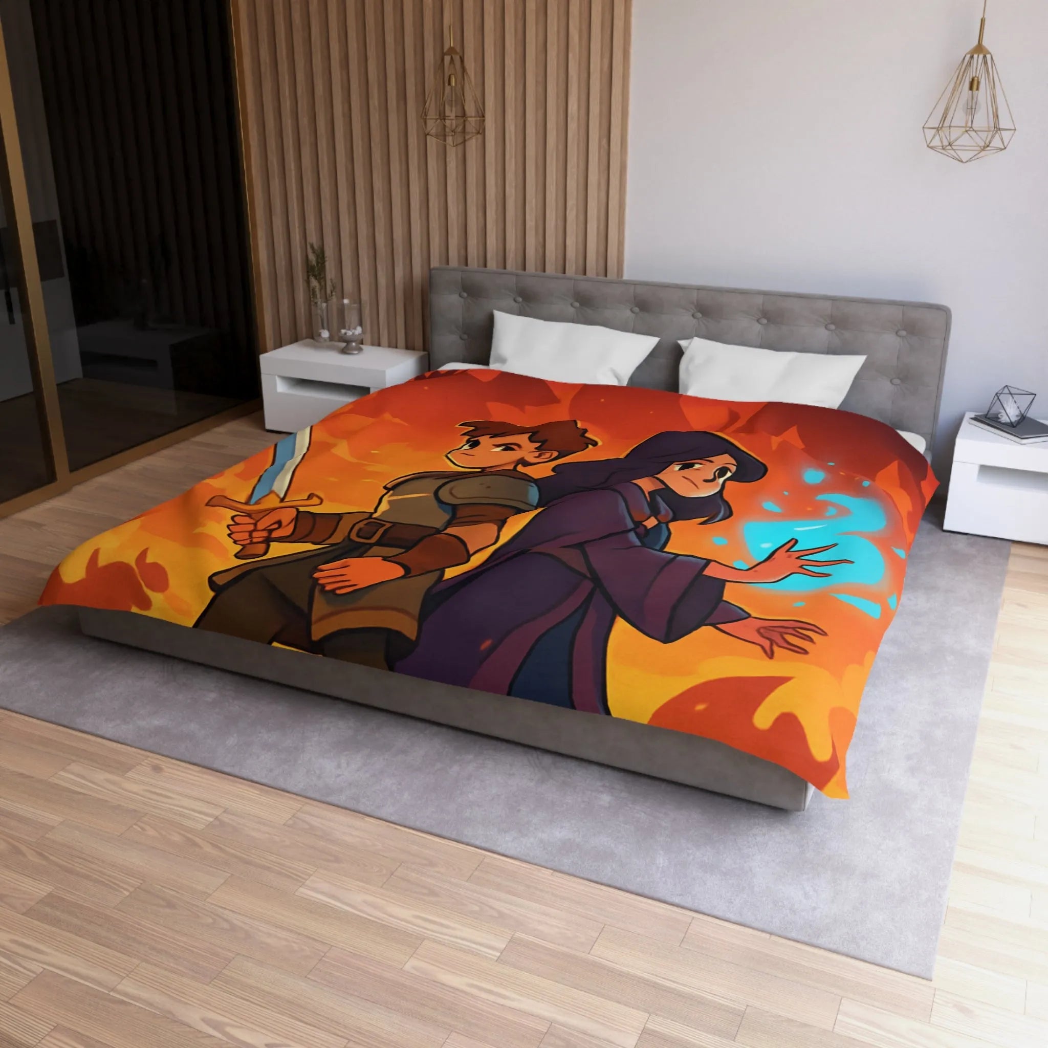 Housse de couette épique, jeunes aventuriers et dragons incandescents en fantaisie captivante