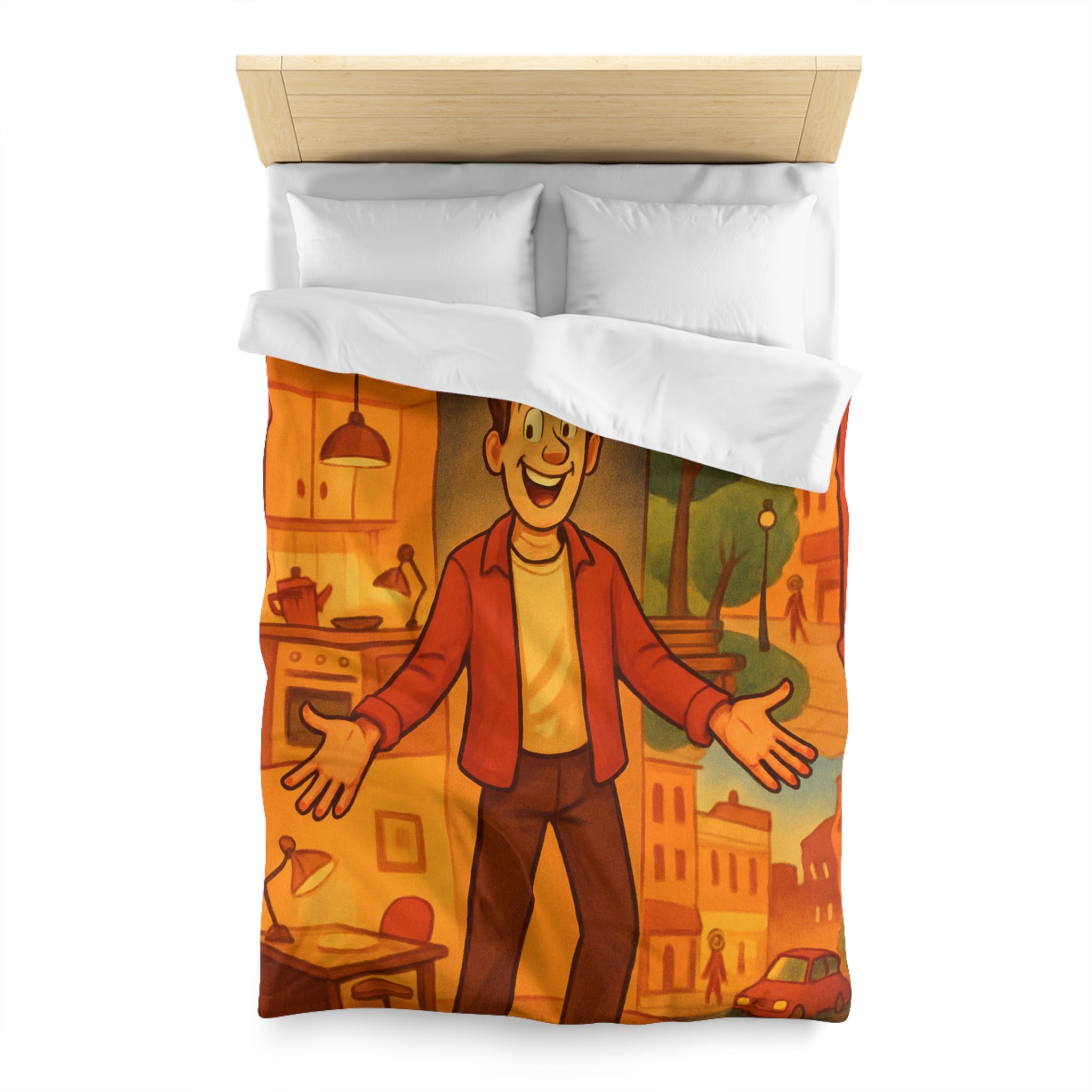 Housse de Couette Théâtrale avec Scène d'Intérieur et Extérieur Ville Colorée