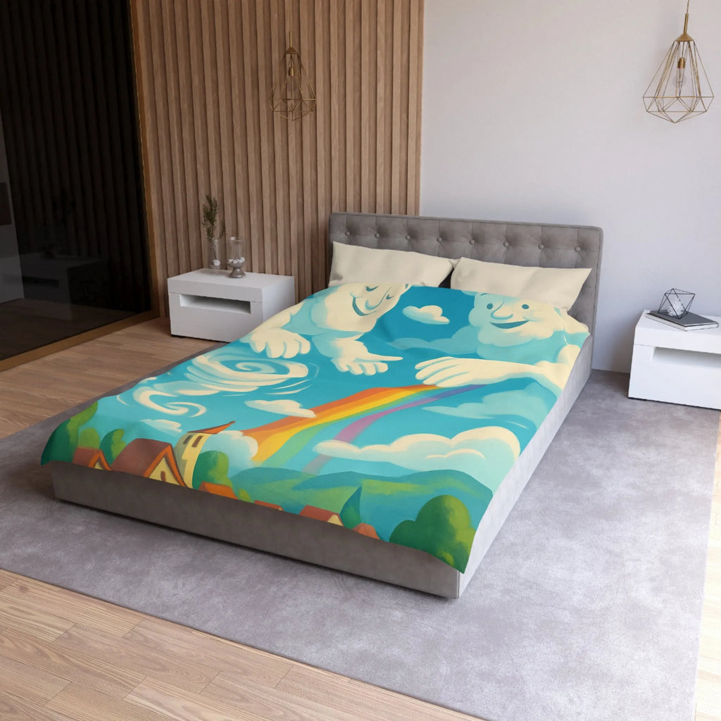 Art ludique de nuages souriants au-dessus d'un village teinté de couleurs vives