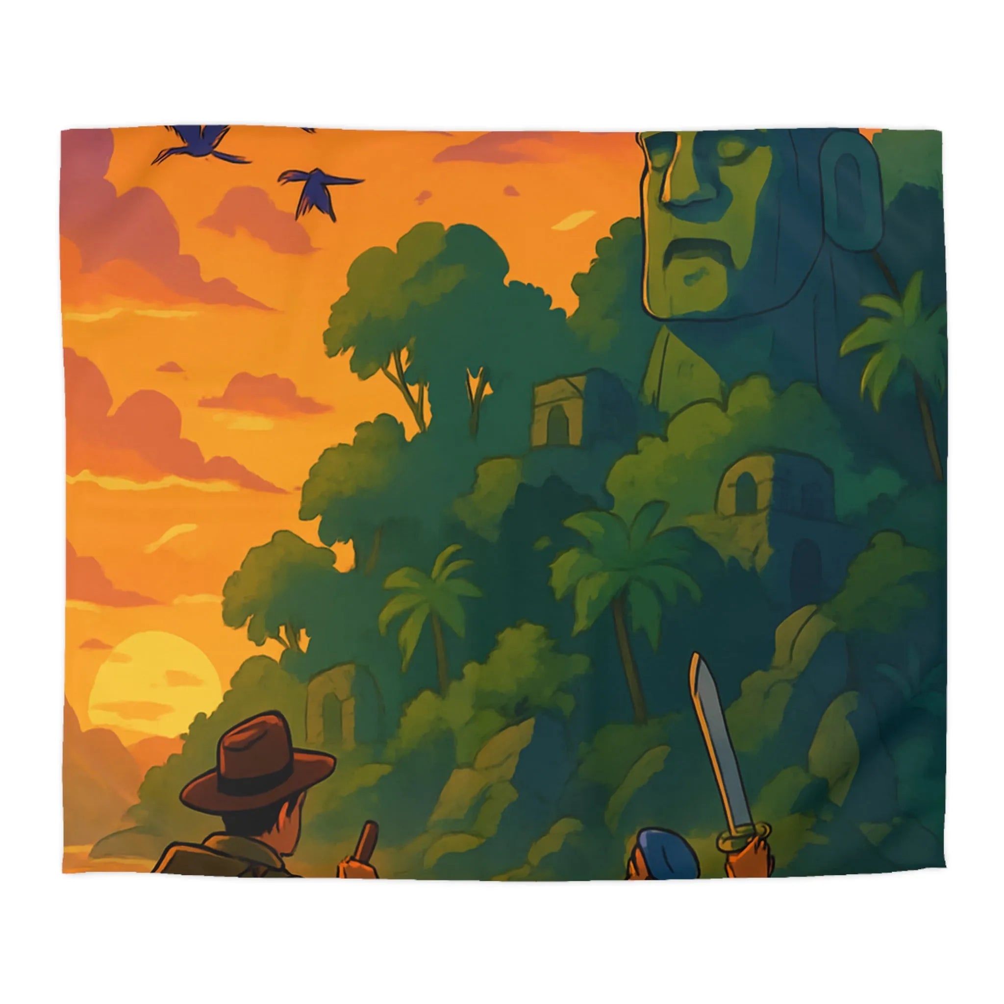 Housse de couette aventureuse avec scène tropicale au coucher du soleil et ruines mystérieuses