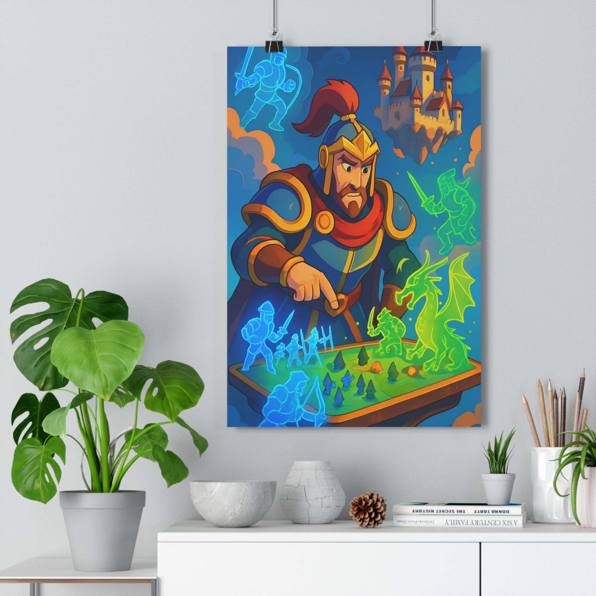 Poster décoratif médiéval épique chevalier dragon lumineux bleu vert fantastique stratégie jeu chambre qualité
