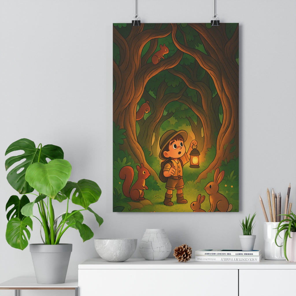 Poster décoratif vert brun cartoon forêt enfant aventure magique chambre explorateur nature illustration lapins