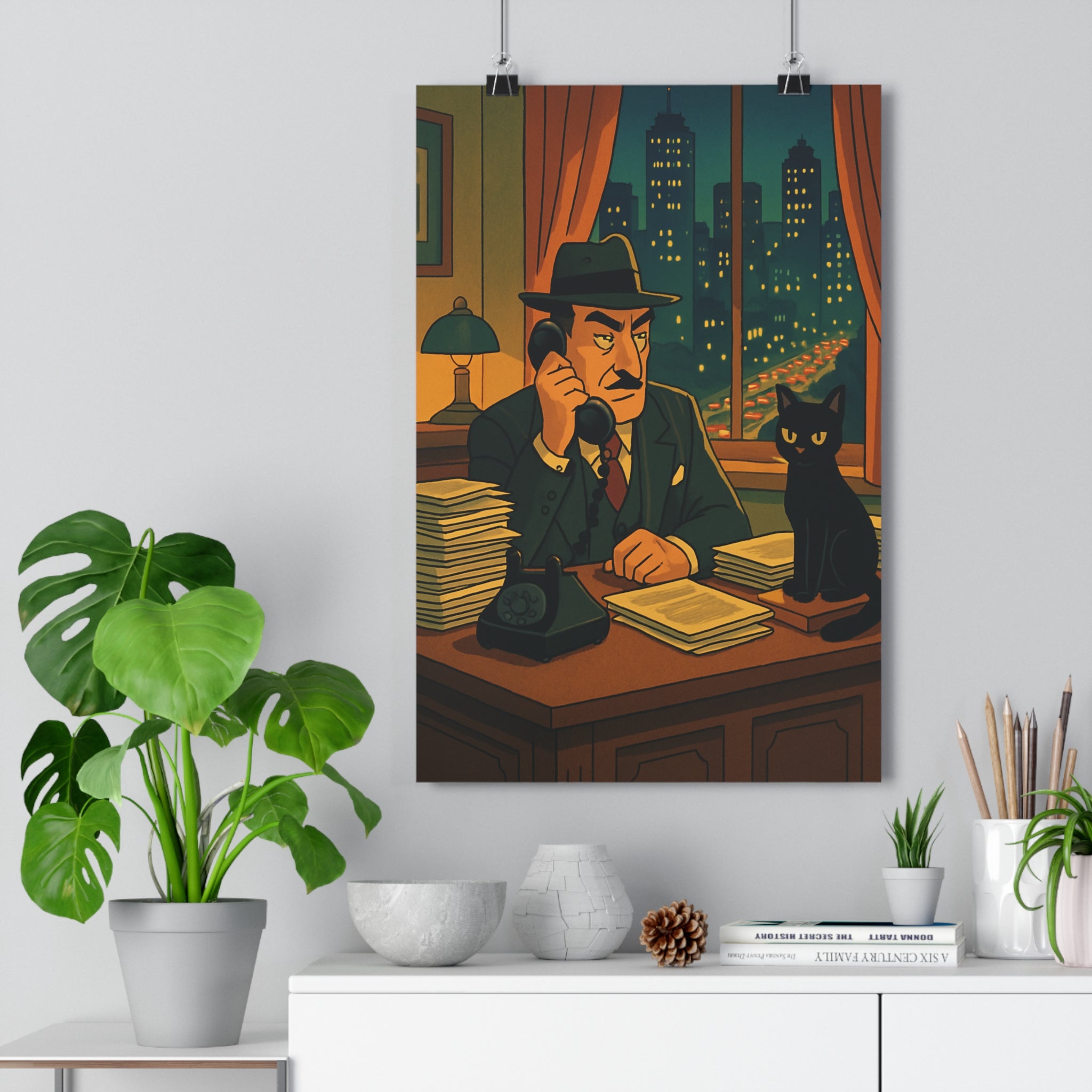 Poster décoratif rétro gris bleu ambiance mystérieuse bureau homme chat ville nuit captivant qualité
