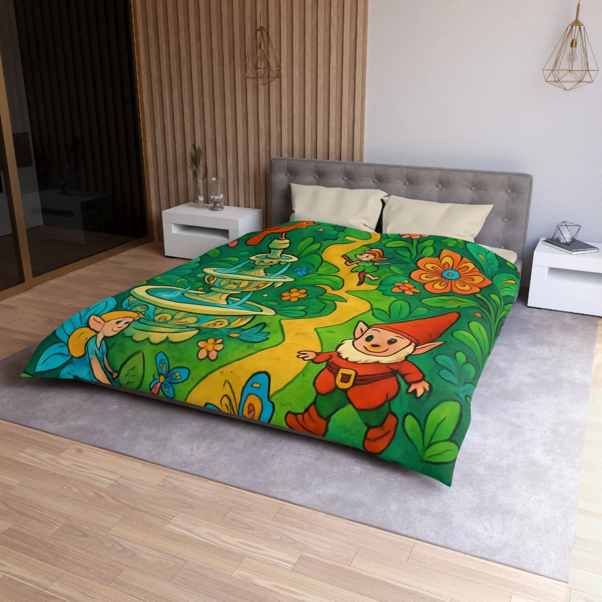 Housse de couette enfant avec lutins, fées, et papillons dans une forêt enchantée