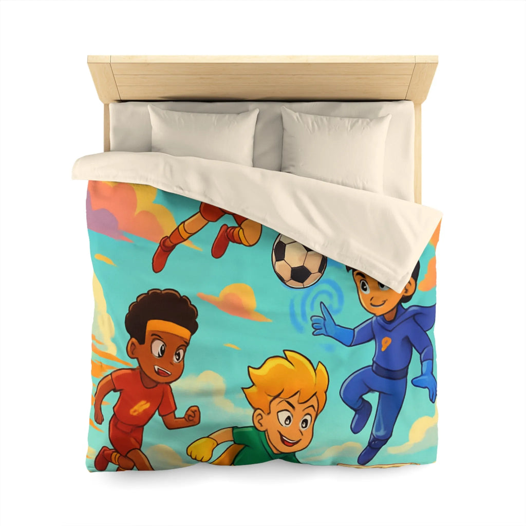 Housse de couette colorée avec enfants jouant au football dans un style cartoon céleste