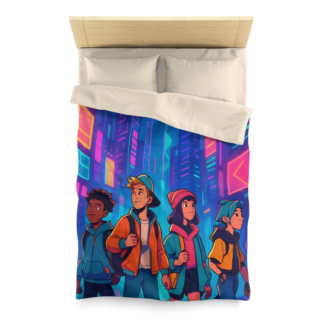 Couette Futuriste Enfants Explorateurs Style Rétro-Cyberpunk avec Néons Colorés pour Chambre Moderne