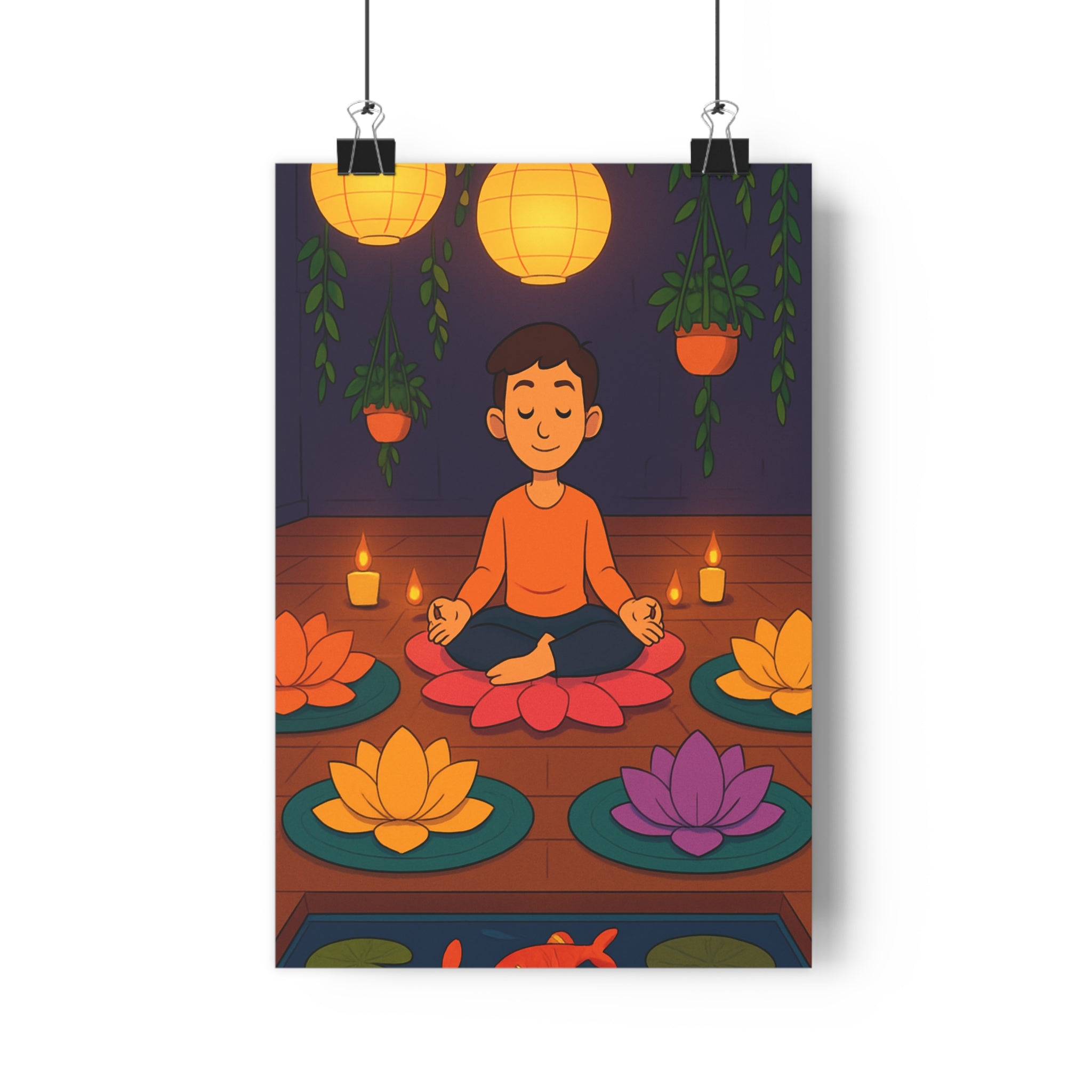 Poster décoratif cartoon zen asiatique méditation coloré paisible salon chambre murale ambiance relaxante chaleureuse