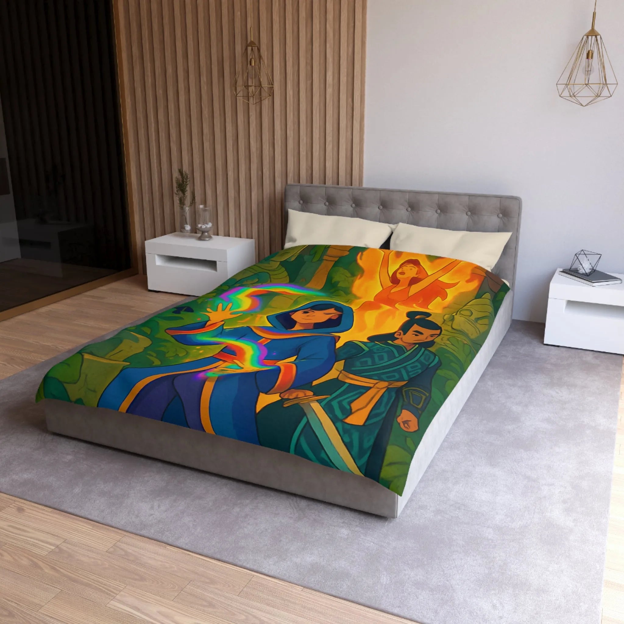 Housse de couette magique colorée : aventure mystique avec personnages énigmatiques et feu flamboyant