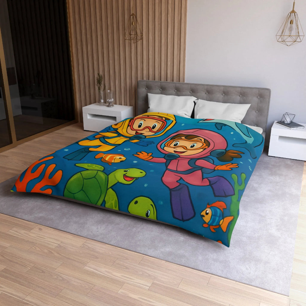 Housse de couette ludique pour enfant avec plongeurs et animaux marins multicolores