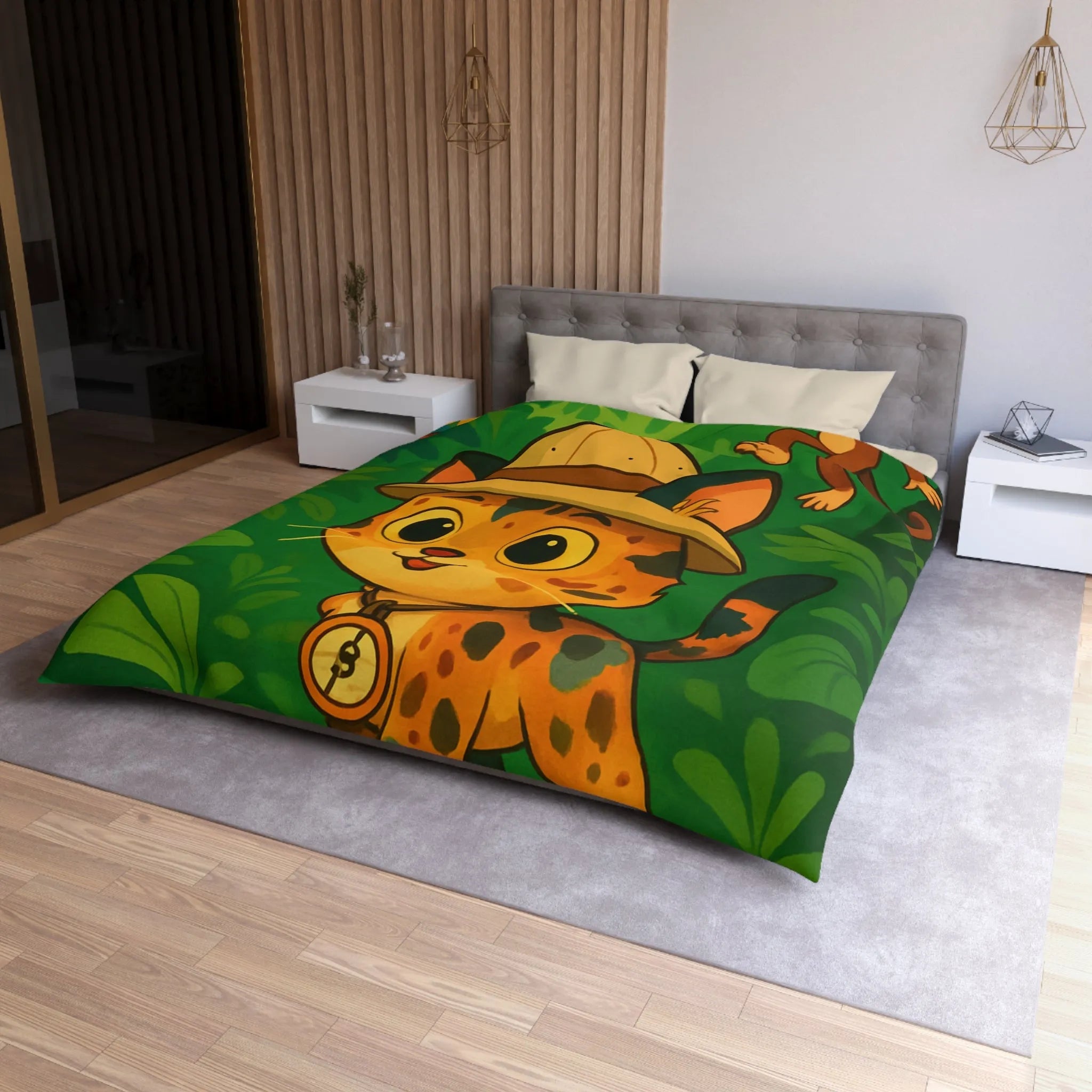 Housse de couette avec chat explorateur, jungle colorée, perroquet et singe joyeux