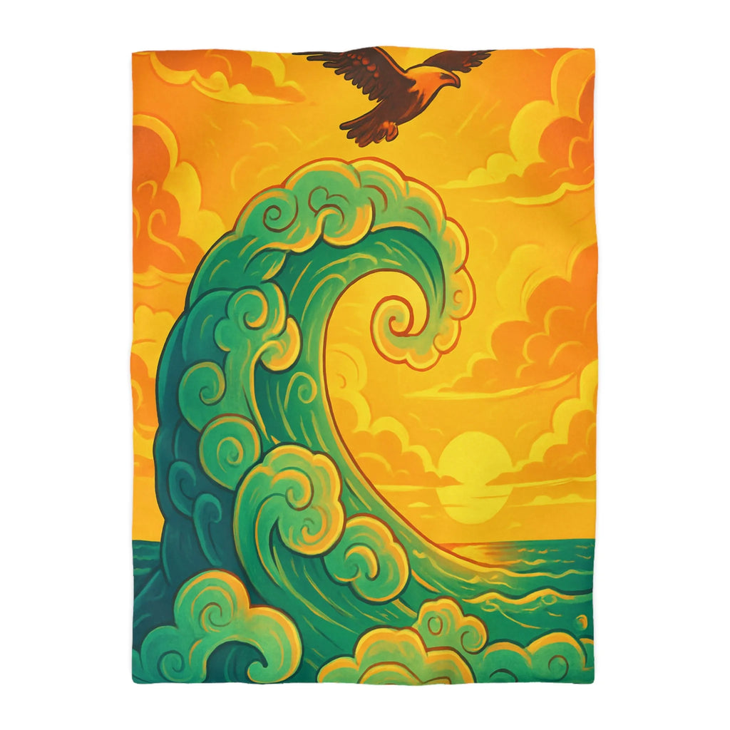 Housse de couette artistique avec vague stylisée et aigle en vol au coucher du soleil